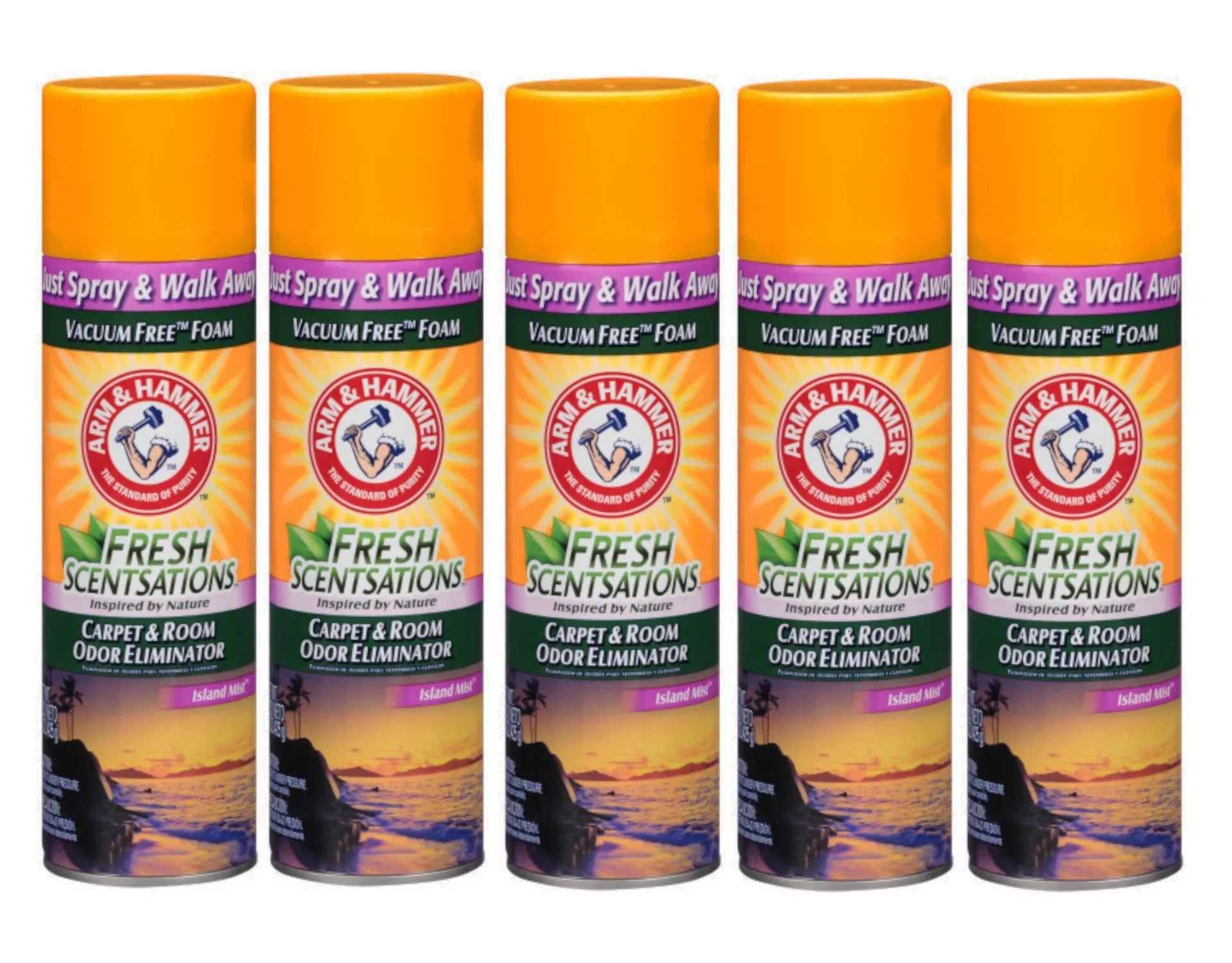 Arm & Hammer Fresh Scentsations Carpet & Room Odor Eliminator Vacuum Free Foam, Island Mist Scent, 15 Ounce - 5 Pack