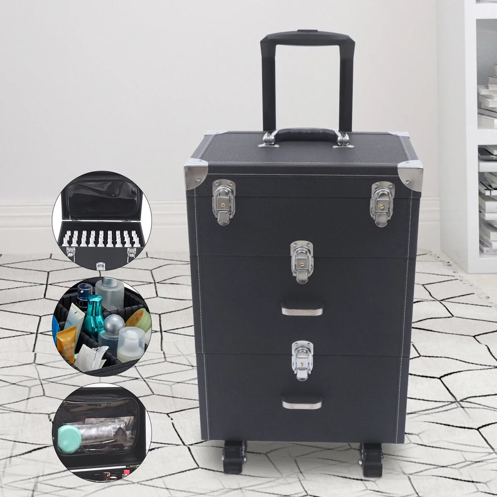Women's Rolling Makeup Train Case Black Trolley Cosmetic Box Lock Wheels PU Makeup Train Case Cosmetics Rolling Organizer Cases Storage Box Trolley Black Trolley Bag Black Cosmetics Rolling Organizer
