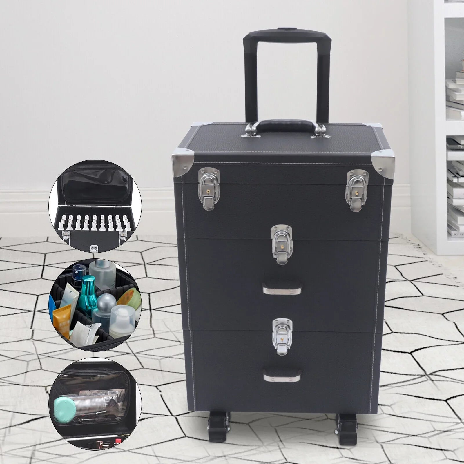 Women's Rolling Makeup Train Case Black Trolley Cosmetic Box Lock Wheels PU Makeup Train Case Cosmetics Rolling Organizer Cases Storage Box Trolley Black Trolley Bag Black Cosmetics Rolling Organizer