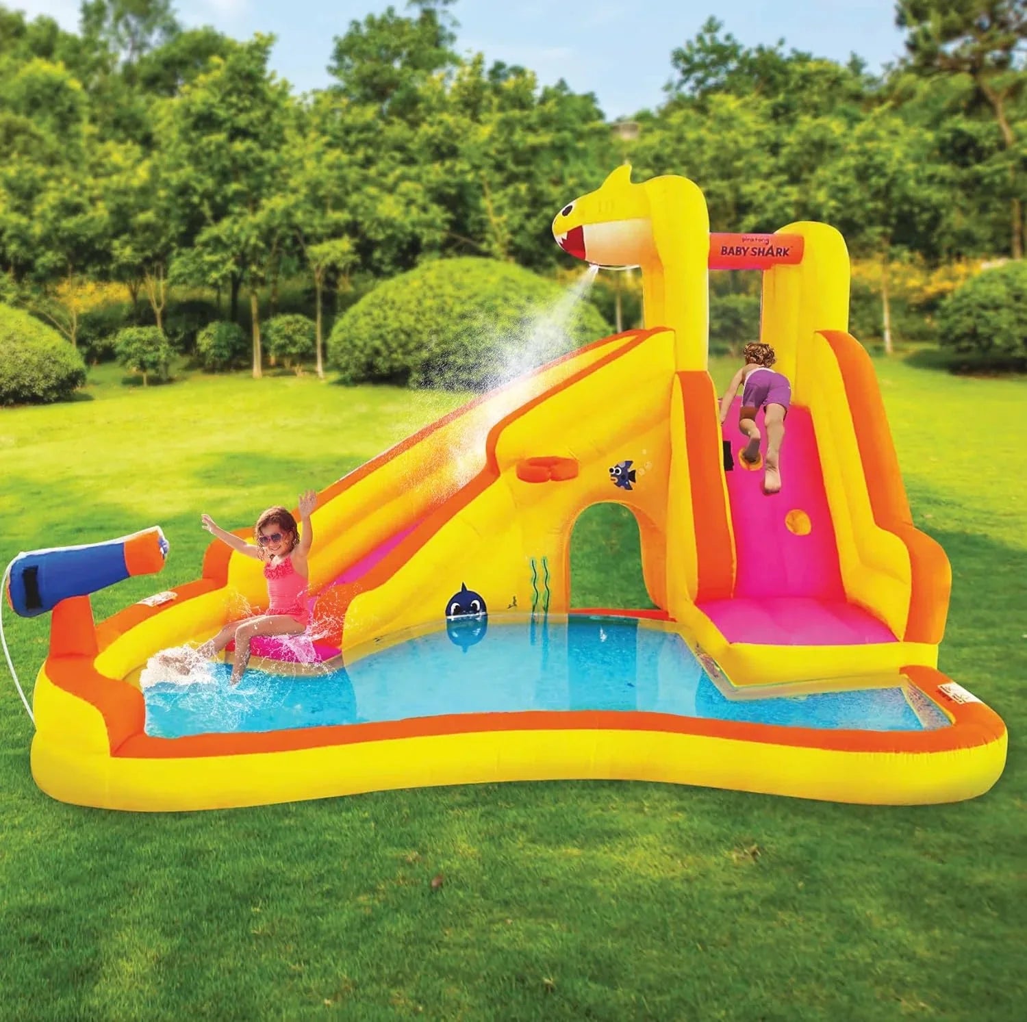 Funormous Baby Shark Bounce House with Slide Wet or Dry, Pink Fong InfLatitudeable Water Slide, Party Outdoor Curve Waterslide Fun, Kids Backyard Water Park, Includes Water Sprayer, Pool & Blower