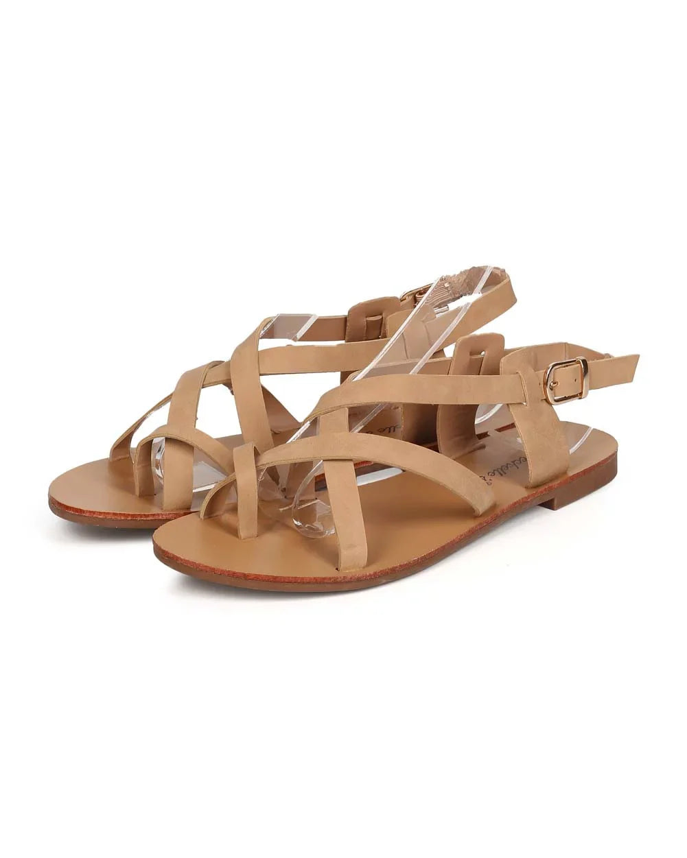 Breckelles Kiera-04 Natural Leatherette Toe Ring Criss Cross Slingback Sandals (Natural, 5.5)