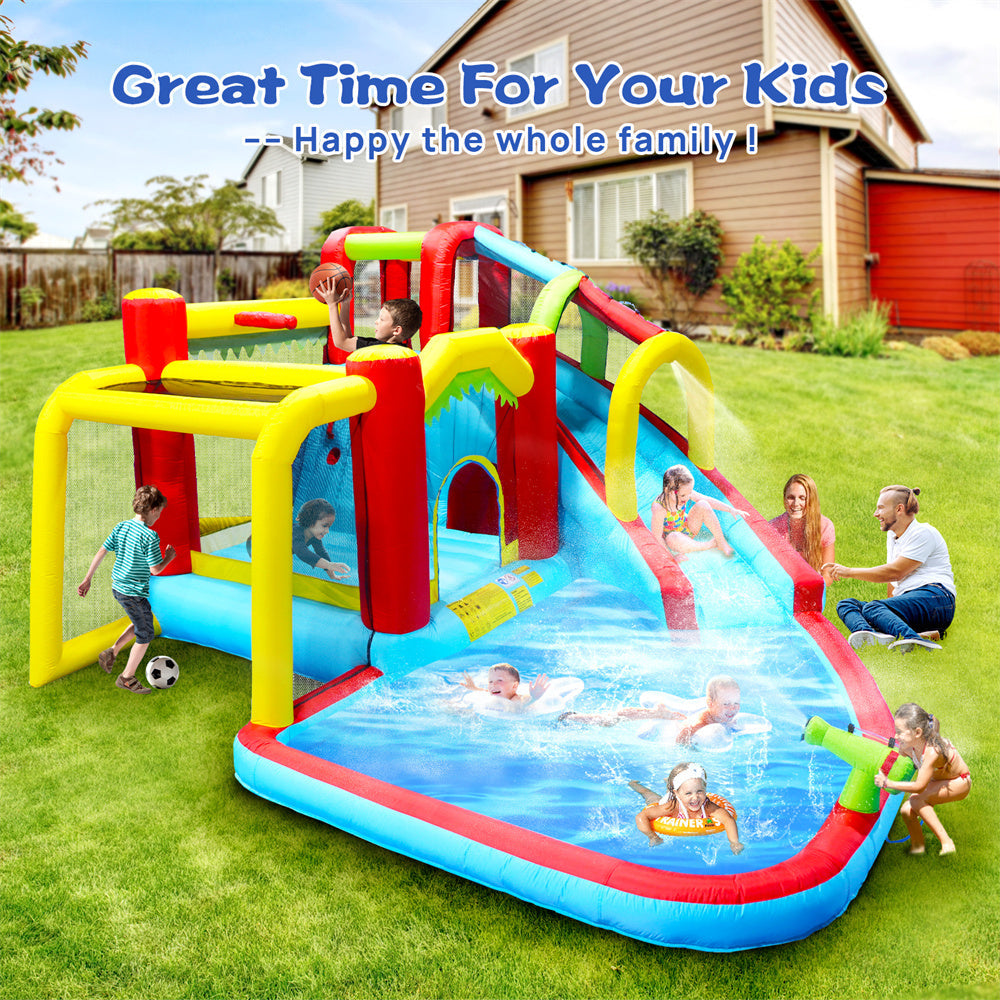 InfLatitudeable Water Slide,7 in 1 Bounce House with Slide,Climbing Wall, Splash Pool, Basketball Rim,Outdoor Backyard Fun Toys for Kid,Blower Included