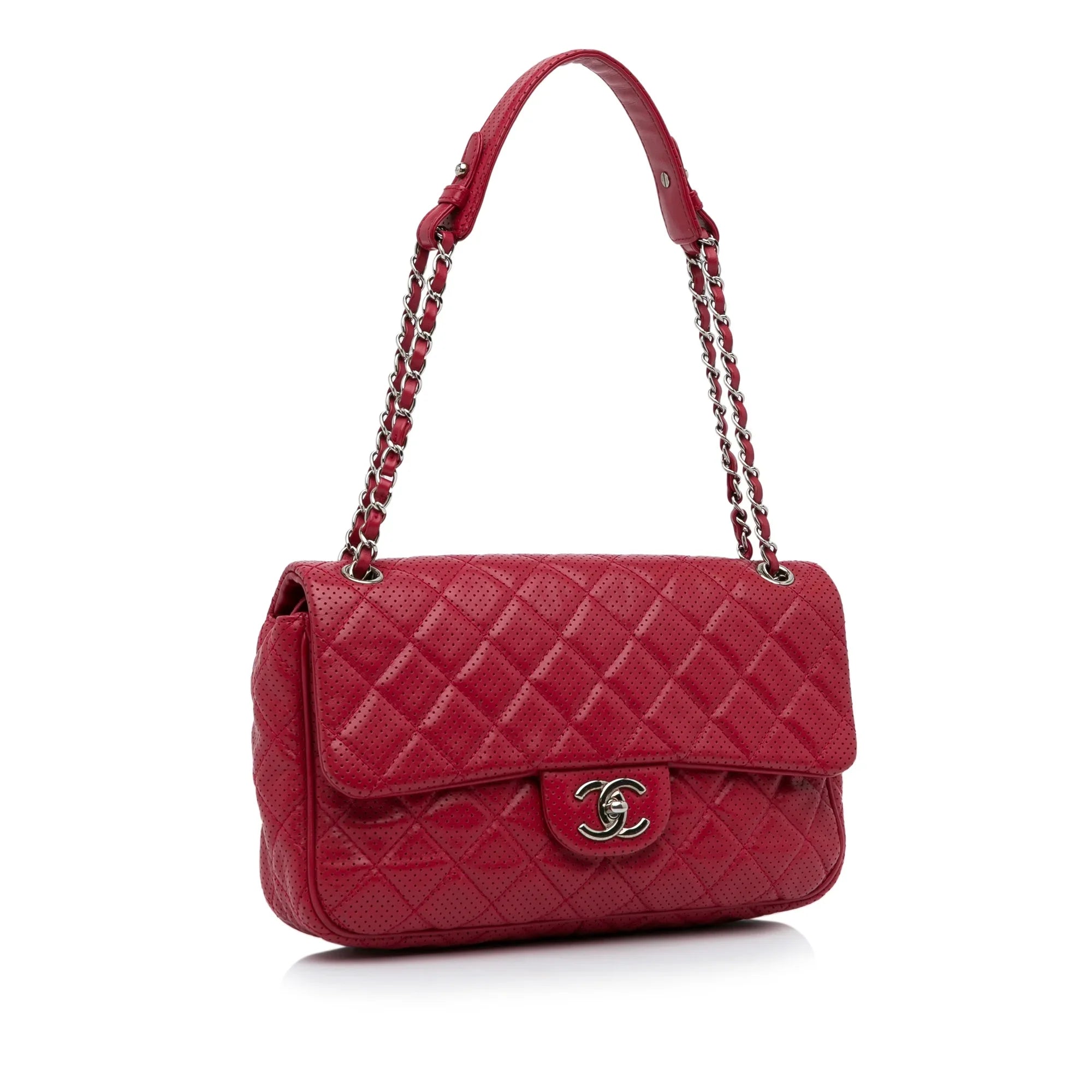 Pre-Owned Authenticated Chanel Jumbo Classic Perforated Lambskin Single Flap Leather Red Shoulder Bag Unisex (Good)