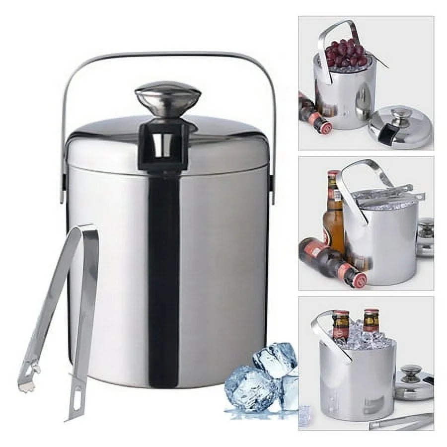 Double-Wall Stainless-Steel InsuLatitudeed Ice Bucket With Lid & Ice Tong 1300 ML