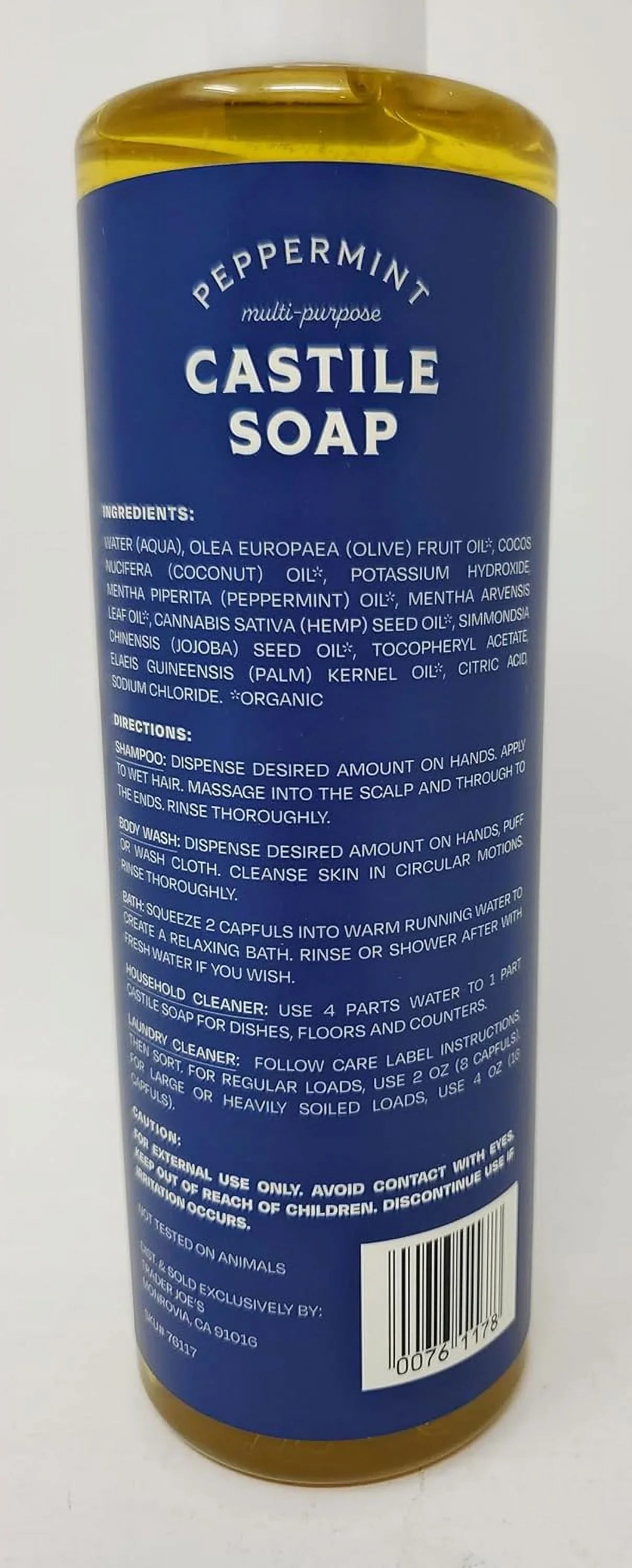 Trader Joe's Peppermint Multi-Purpose Castile Soap Made With Olive, Coconut, Hemp, and Jojoba Oils 16 fl oz/434 ml (Pack of 1)