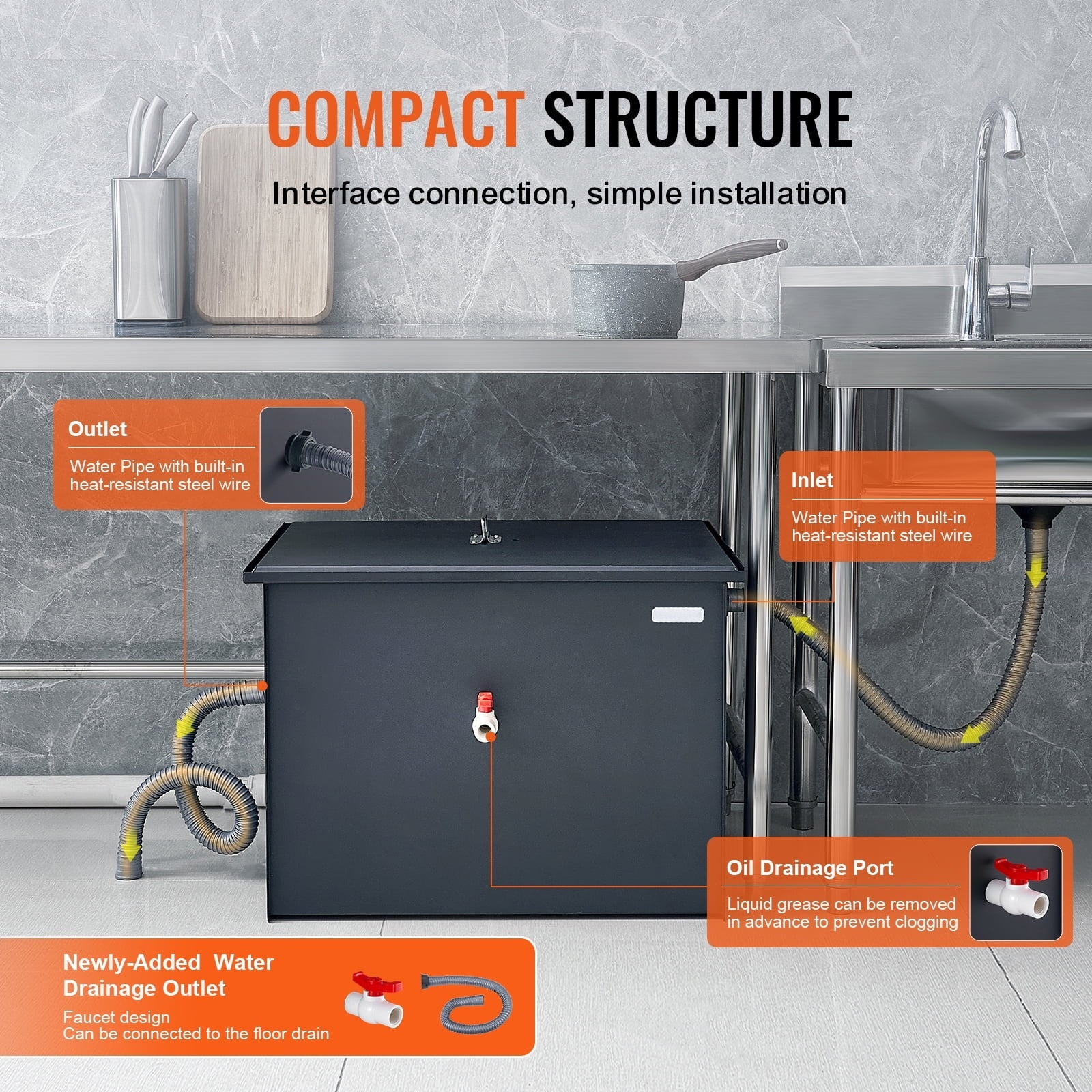 SKYSHALO Commercial Grease Interceptor 40LBS Trap Waste Carbon Steel Water Filter
