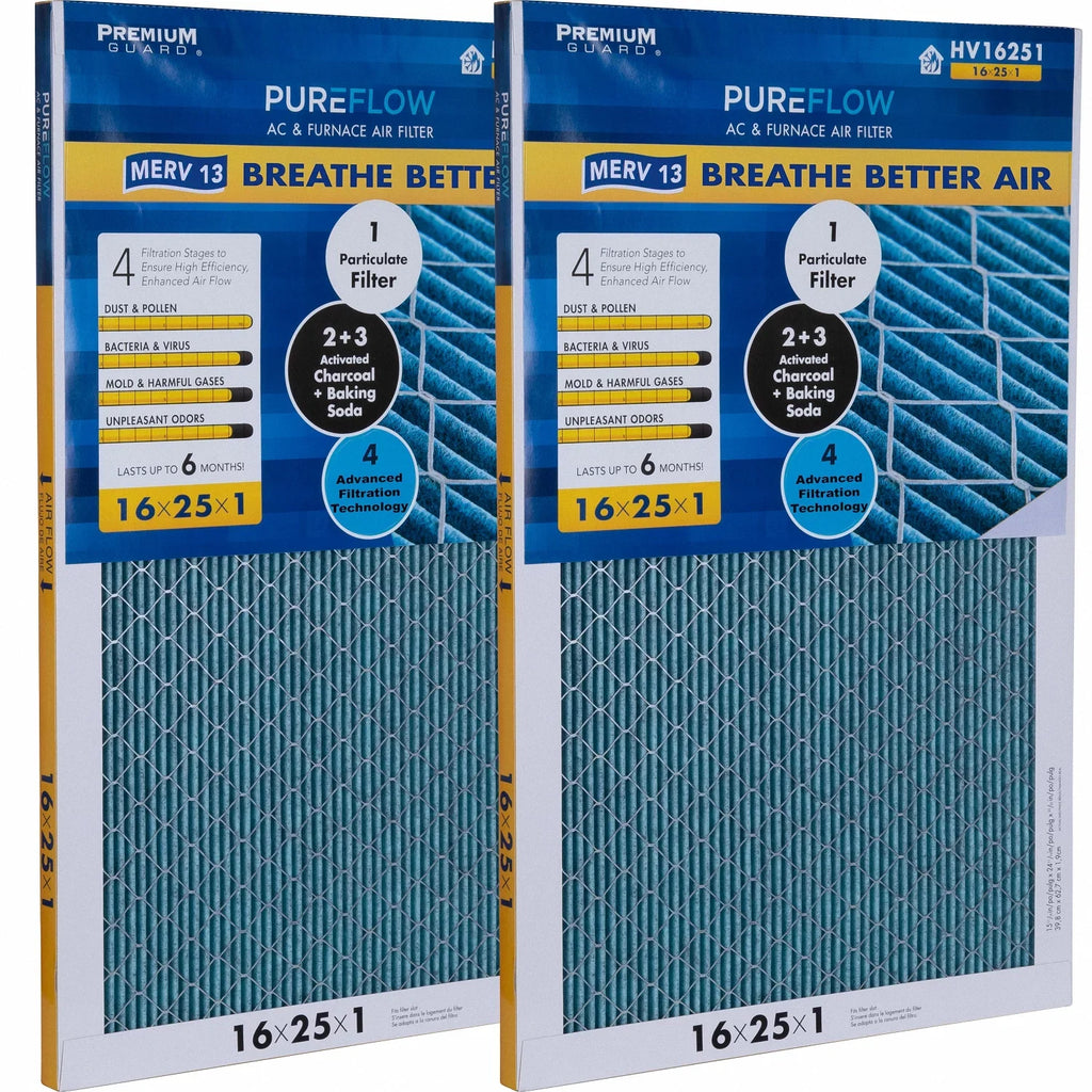 PureFlow, Home Furnace Air Filter 16x25x1, with 4 Layers of Advanced Filtration Technology, MERV-13 Pack-of-2