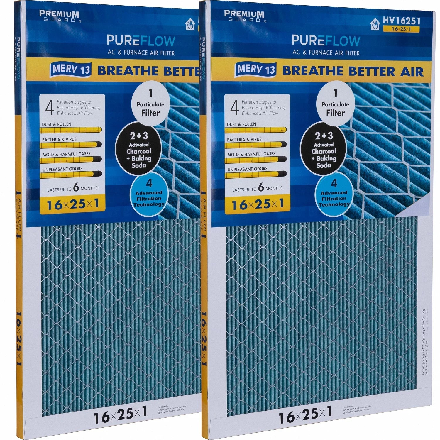 PureFlow, Home Furnace Air Filter 16x25x1, with 4 Layers of Advanced Filtration Technology, MERV-13 Pack-of-2