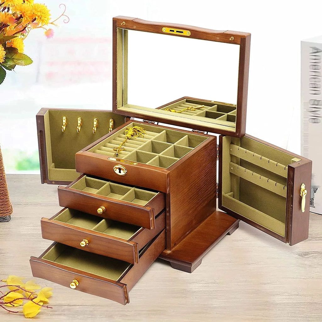 MONIPA 4 layers Wooden Gemstone Display Case Jewelry Storage Case W/ 4 Drawers and 2 Swing-out Cabinets