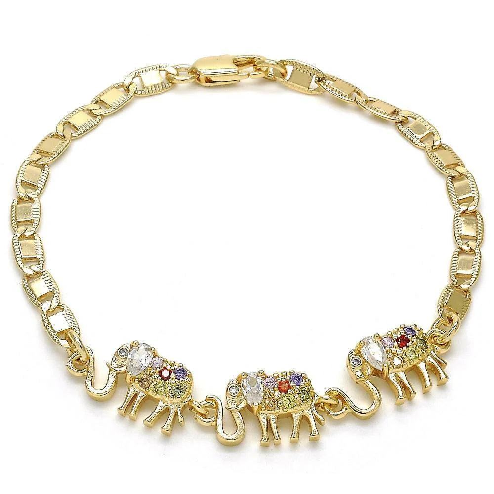 14K GOLD PLATED 7" FLAT MARINER BRACELET W/ 3 ELEPHANTS W/ WHITE & RED CZ M213