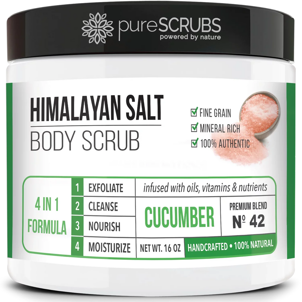 pureSCRUBS Premium Pink Himalayan Salt Body Scrub Set- Large 16oz CUCUMBER BODY SCRUB - Infpre-owned With Organic Essential Oils & Nutrients + FREE Wooden Spoon, Loofah & Mini Exfoliating Bar Soap