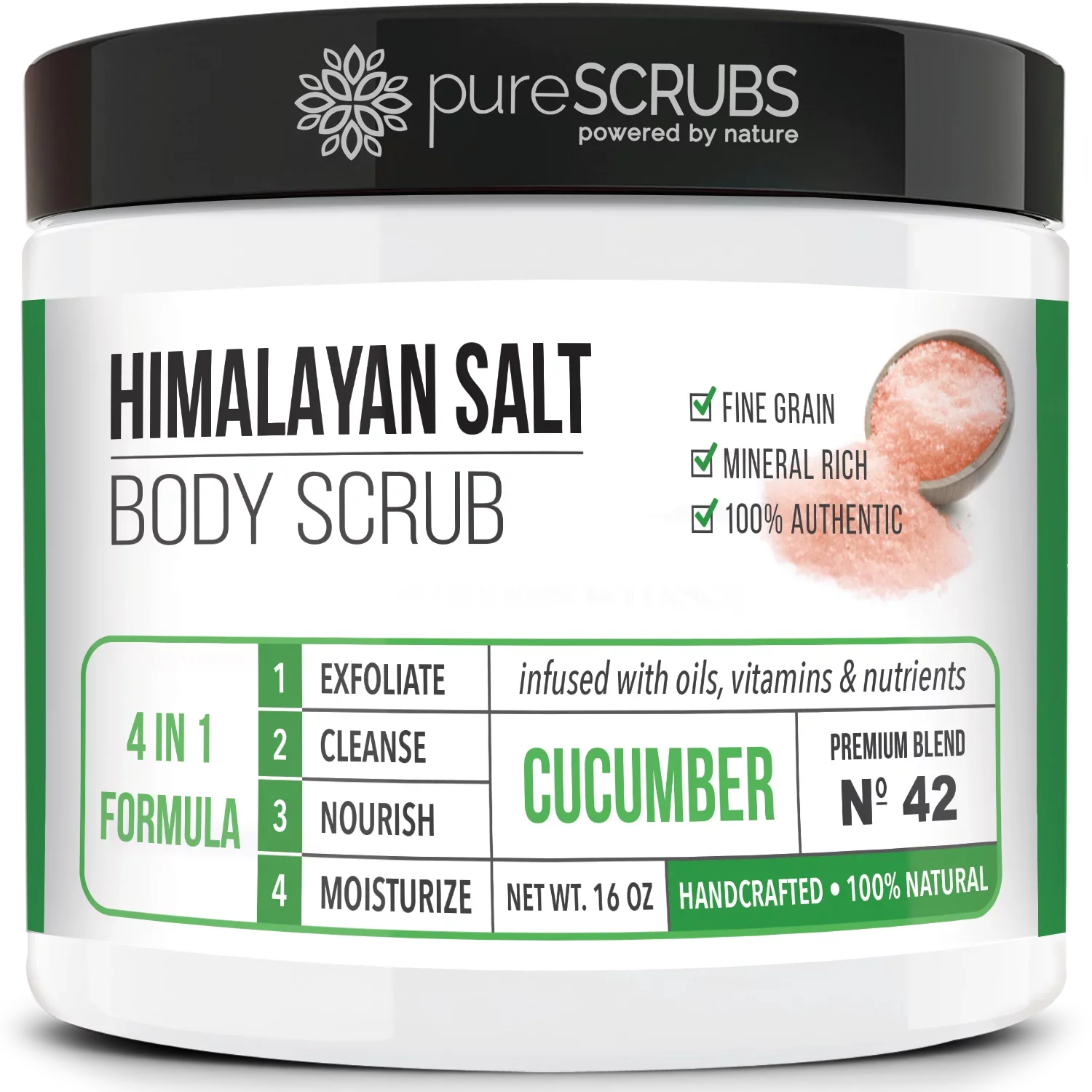 pureSCRUBS Premium Pink Himalayan Salt Body Scrub Set- Large 16oz CUCUMBER BODY SCRUB - Infpre-owned With Organic Essential Oils & Nutrients + FREE Wooden Spoon, Loofah & Mini Exfoliating Bar Soap