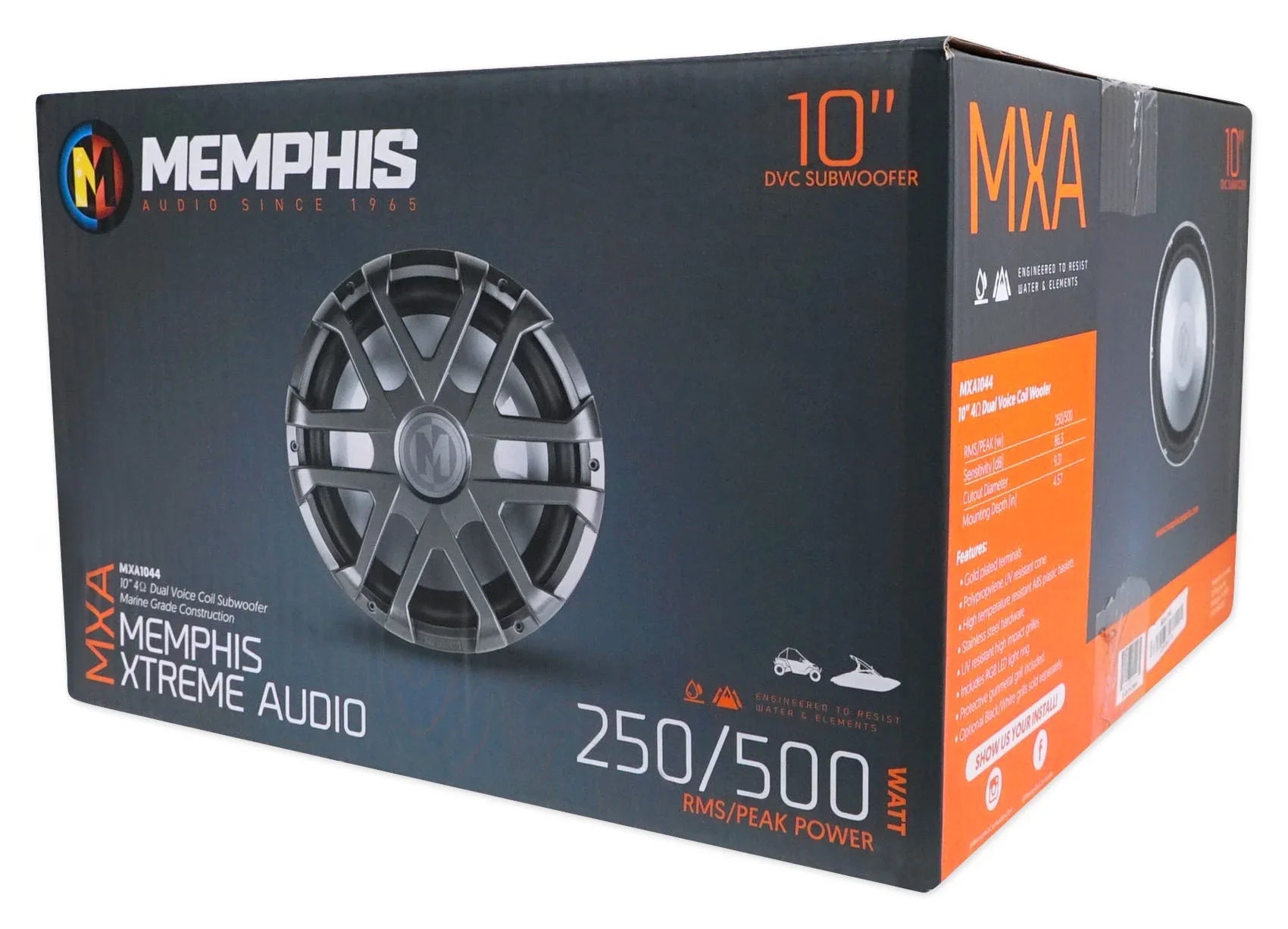 Memphis Audio MXA1044 10" 500 Watt LED Dual 4-Ohm Marine Subwoofer Boat Sub