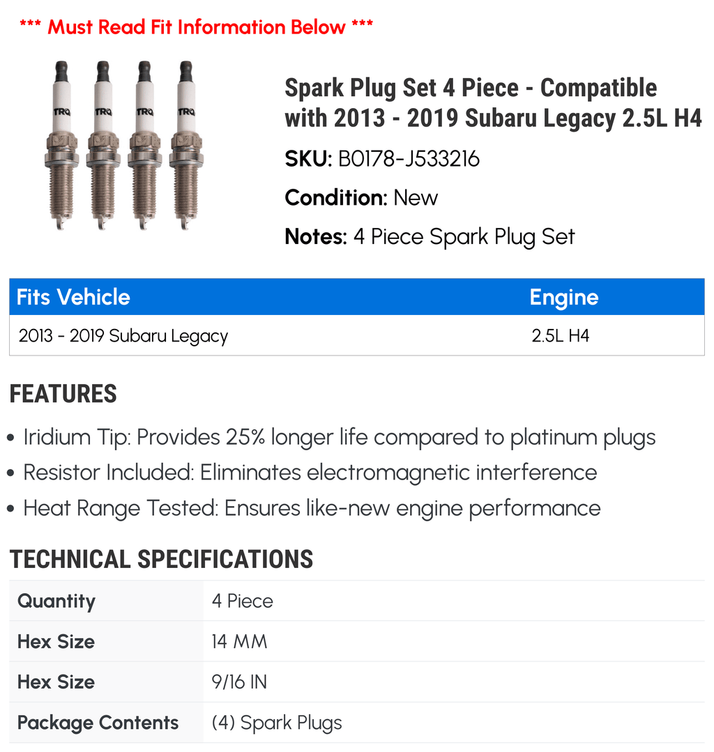 Spark Plug Set 4 Piece - Compatible with 2013 - 2019 Subaru Legacy 2.5L H4 2014 2015 2016 2017 2018