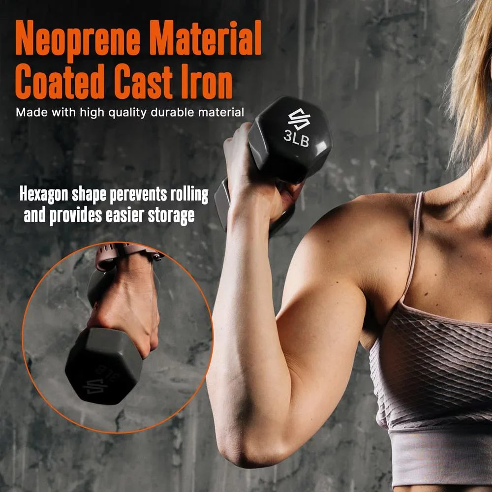 20 lbs. Neoprene Coated Dumbbell Set with Stand, Colour Gray, Black and Orange All Purpose Hand Weight Anti-Slip Hex Shape Dumbbell