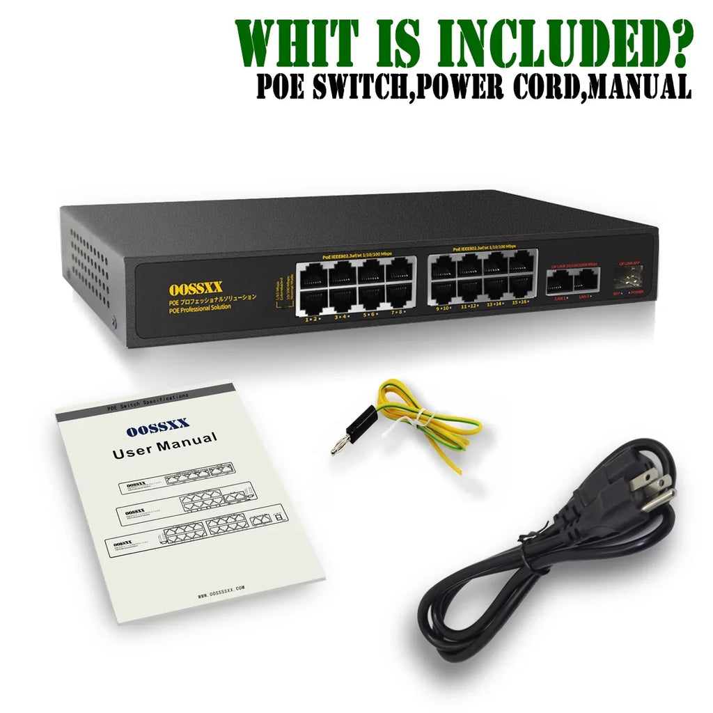 16 Port POE Switch, Unmanaged Outdoor Computer Network Passthrough Powered Router, Networking Internet Ethernet Hub (16 Port PoE+/2 Gig Up-link/1 Fiber SFP) Power Extender Switches