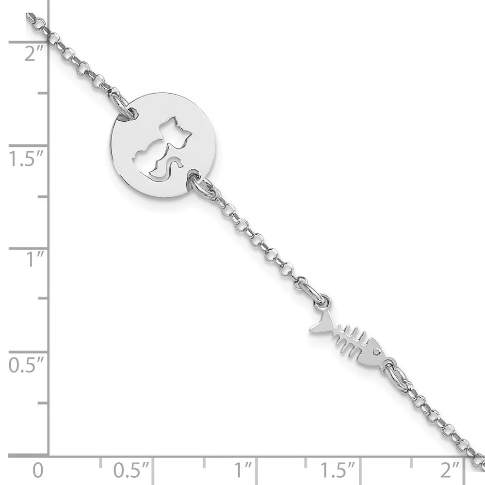 Auriga Fine Jewelry 925 Sterling Silver Rhodium PLatitudeed Kitty and Fish Bracelet 7inch for Women