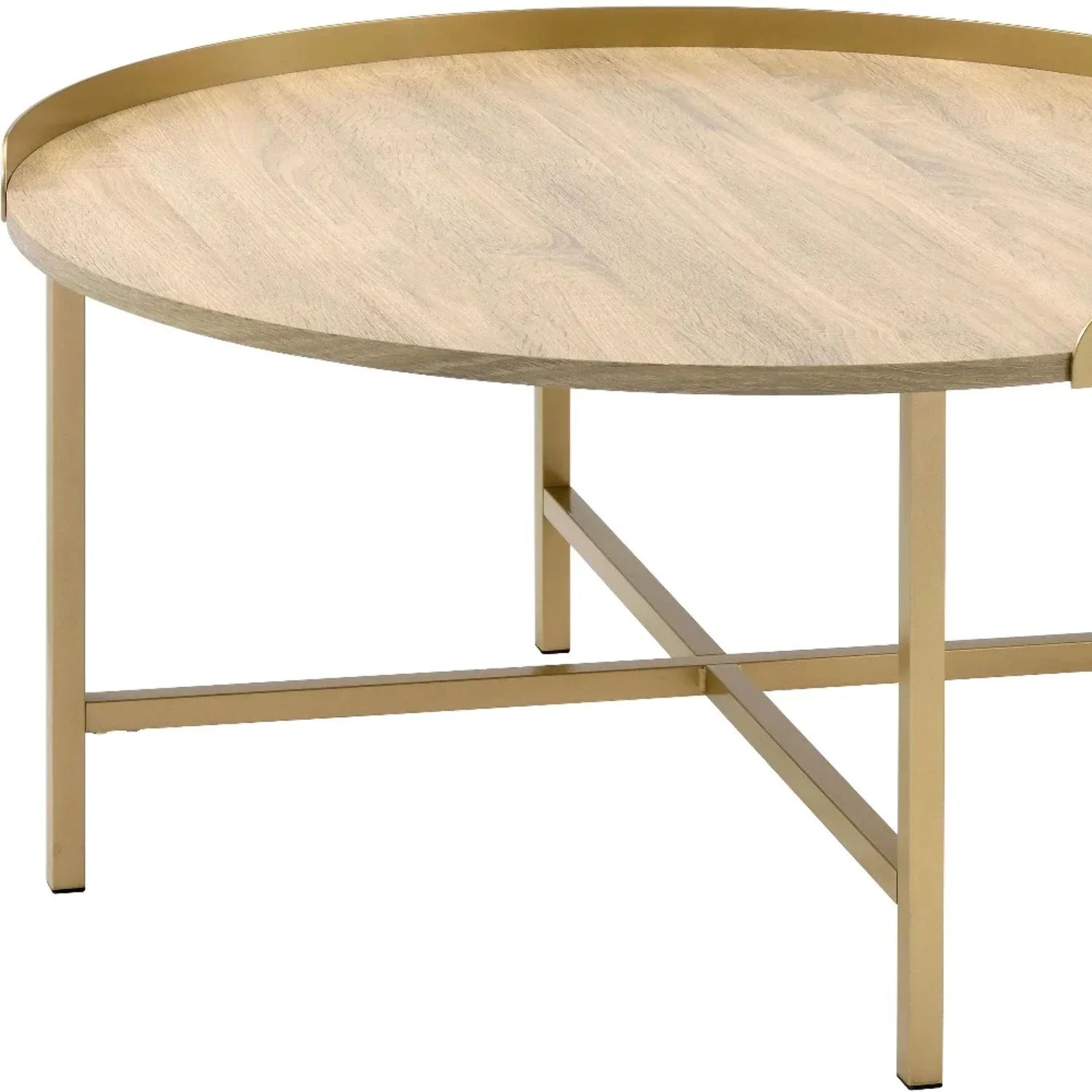HomeRoots 490508 18 x 34 x 34 in. Gold & Oak Manufactured Wood & Metal Round Coffee Table
