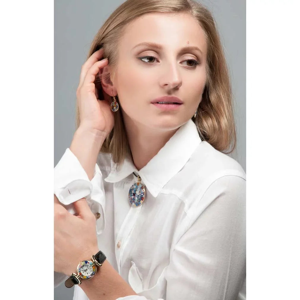 GlassOfVenice Murano Glass Millefiori Watch with Leather Band - Black Multicolor