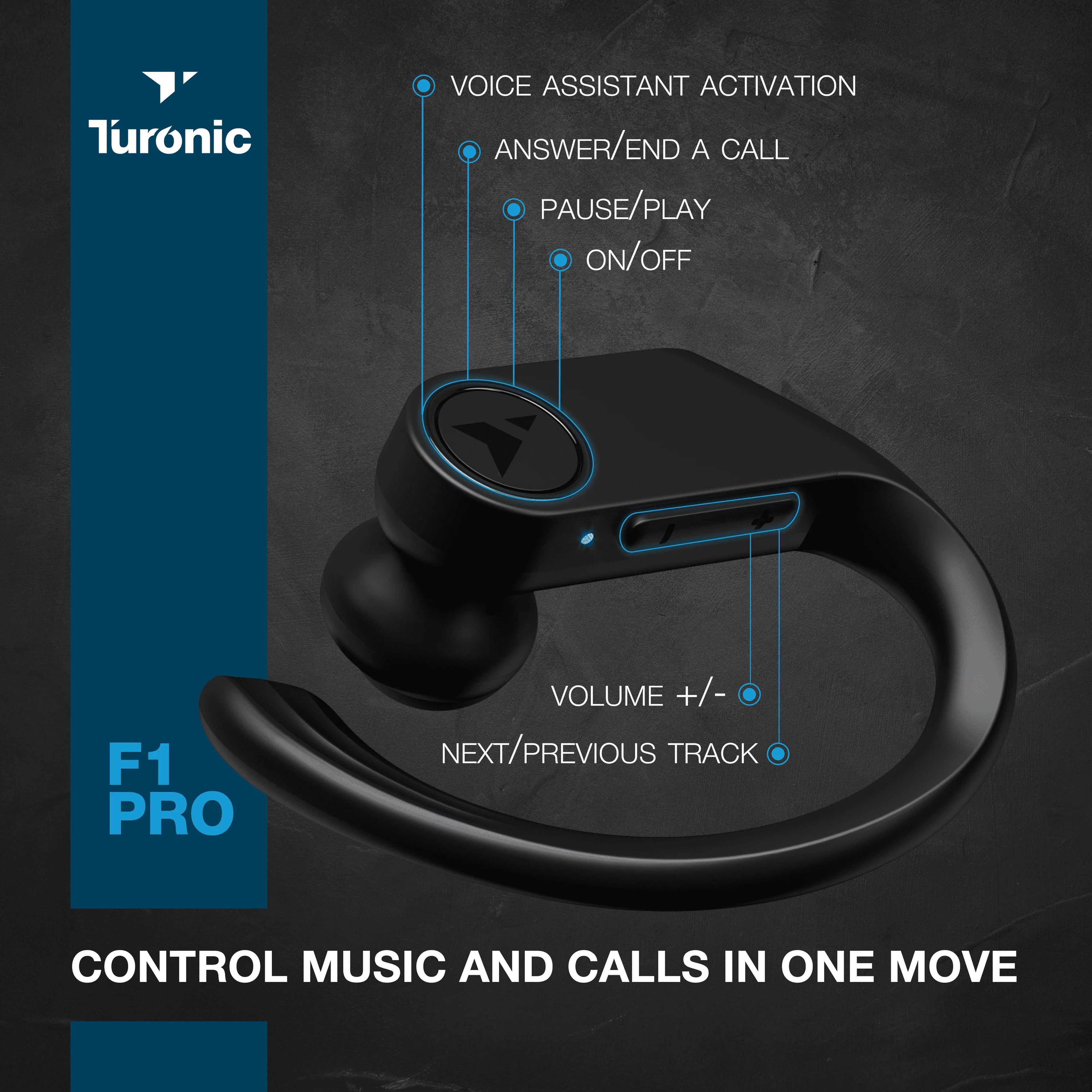 Turonic F1 Pro - True Wireless Earbuds - 45H Playtime, Charging case, Mic, IPX7 Waterproof Bluetooth Headphones w/Microphone - Sport Wireless Earphones with Earhook for Gym, Running, Workout - Black