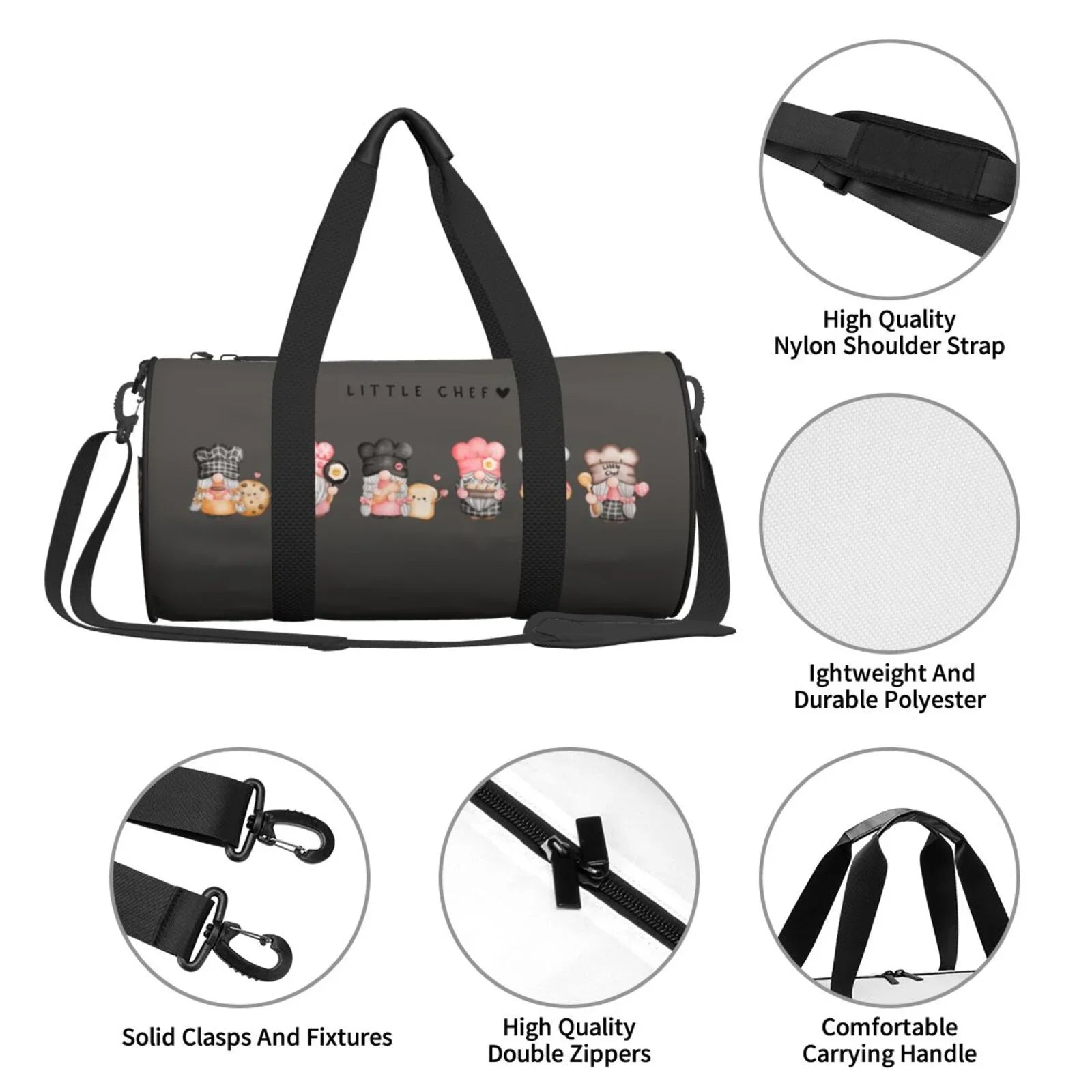 Coaee Baker Gnome Large Capacity Travel Luggage Bag Cylinder Gym Bag Waterproof Sports Bag with Pocket and Compartment