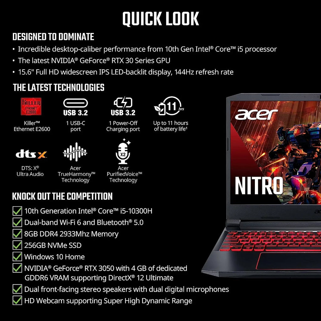 Acer Nitro 5 15.6-Inch 144hz IPS Gaming Laptop + High Quality 6ft HDMI Cable + LCD Screen Cleaner + Wired Stereo Gaming Headset + Gaming Mouse