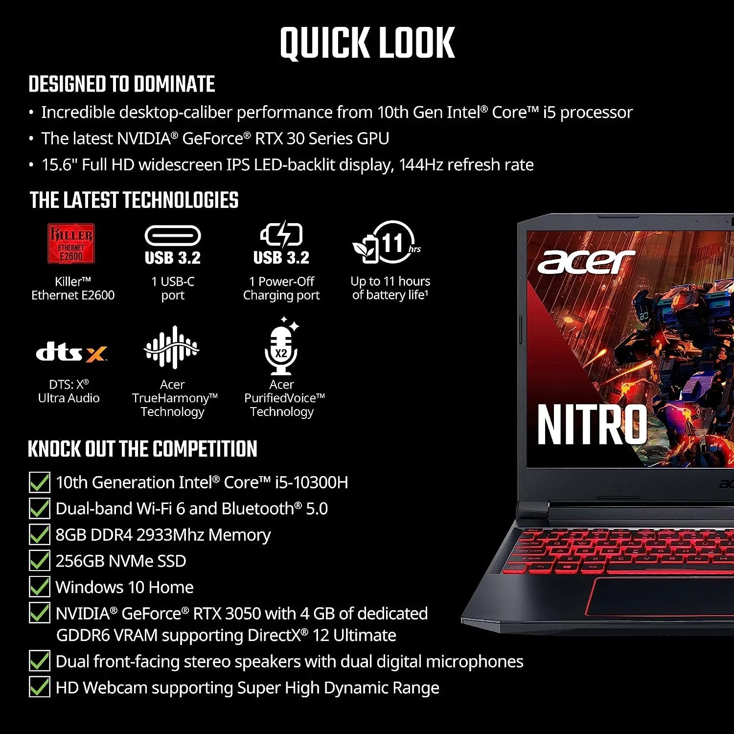 Acer Nitro 5 15.6-Inch 144hz IPS Gaming Laptop + High Quality 6ft HDMI Cable + LCD Screen Cleaner + Wired Stereo Gaming Headset + Gaming Mouse