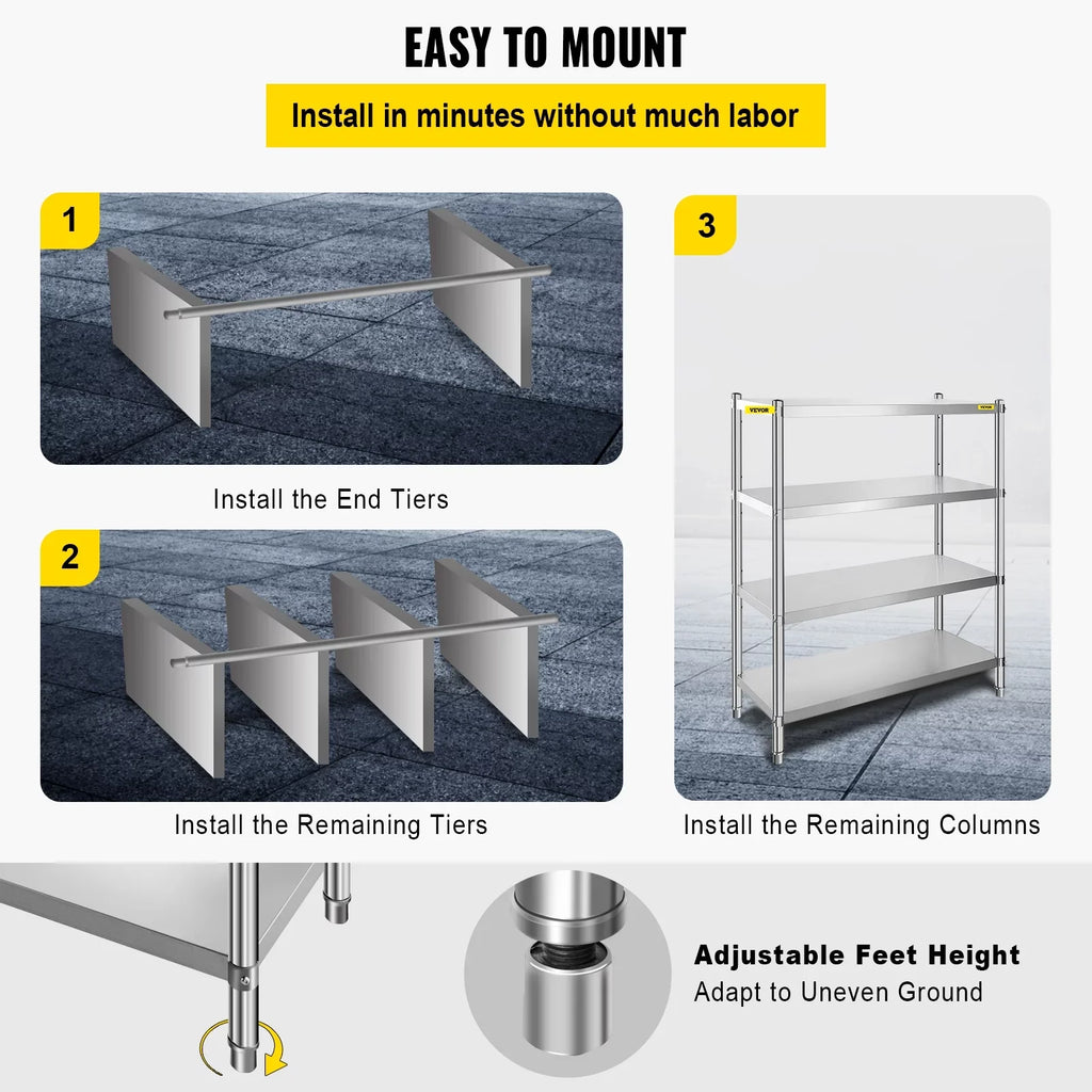 VEVORbrand 4-Tier Shelf Stainless Steel Shelving 330LB Capacity per Shelf Commercial Standing Shelf Unit  for Kitchen, Office, Garage Storage