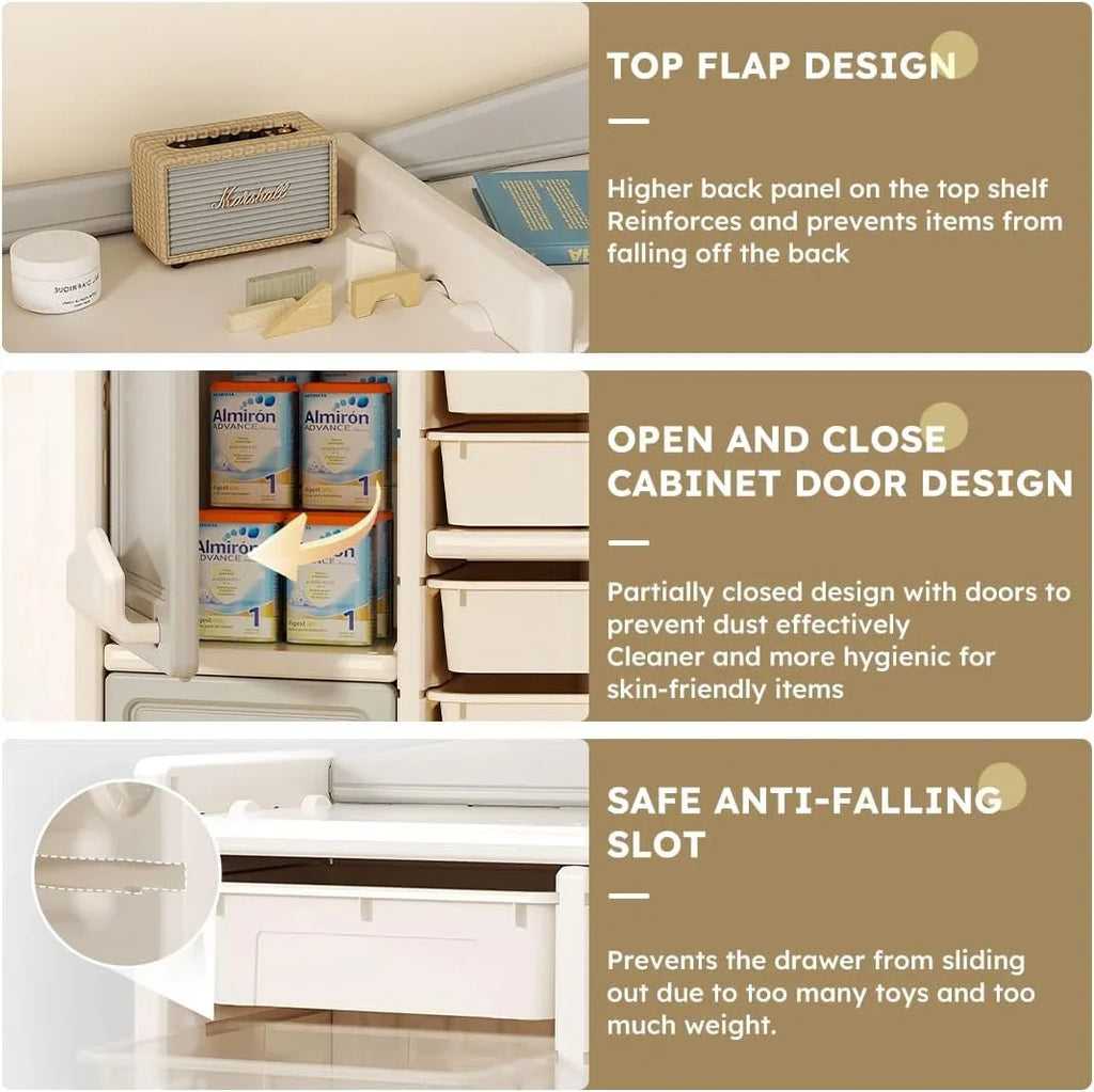RUNFAYBIU Toy Organizer  Multi-Functional Bookshelf and Toy Box  Closed Cabinet and Pull-Out Drawer for Playroom  Children's Bedroom and Nursery. (10 Organizer Boxes + 2 Organizer Cab