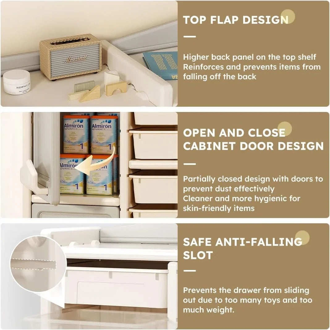 RUNFAYBIU Toy Organizer  Multi-Functional Bookshelf and Toy Box  Closed Cabinet and Pull-Out Drawer for Playroom  Children's Bedroom and Nursery. (10 Organizer Boxes + 2 Organizer Cab