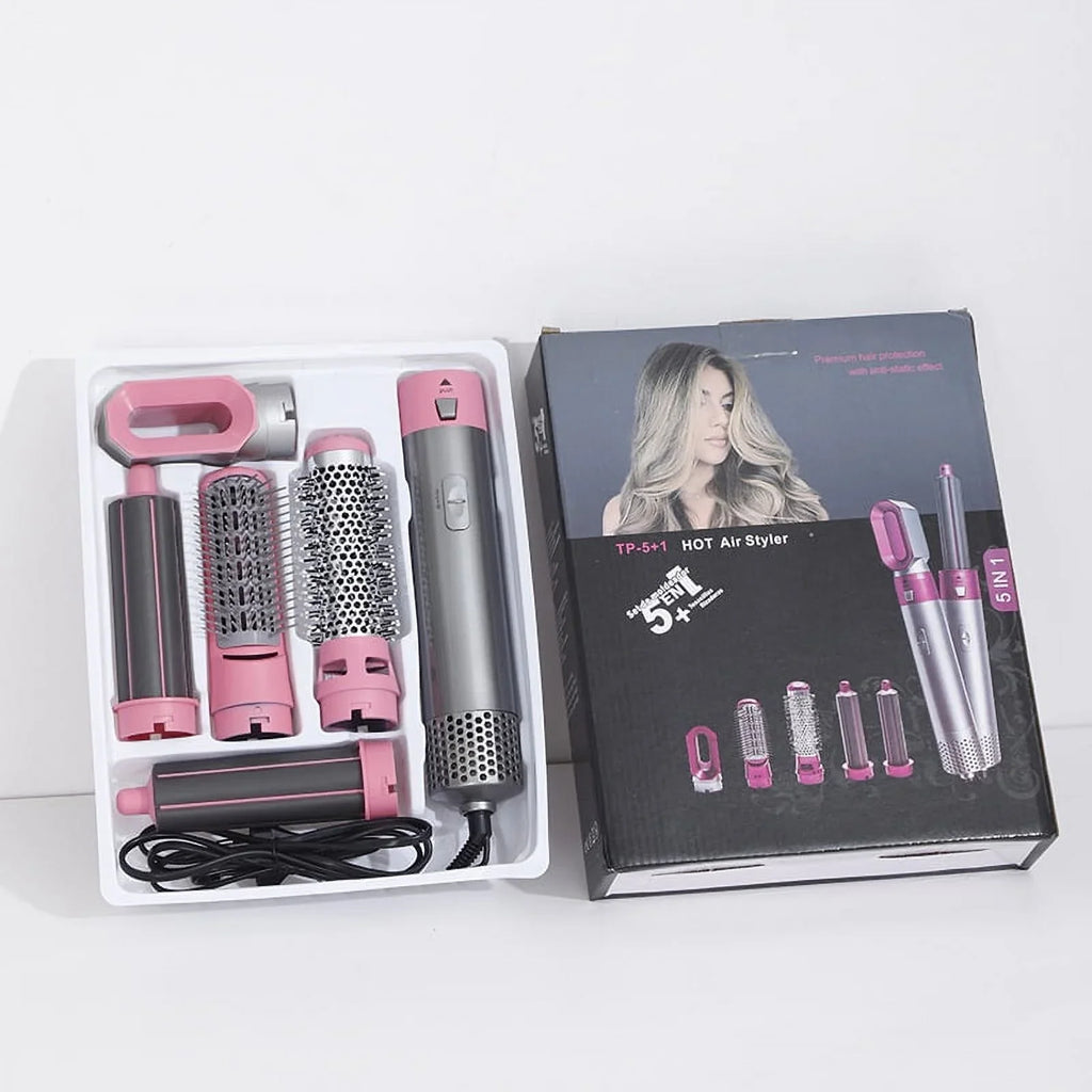 5-in-1 Electric Hair Dryer Brush - Negative Ionic Hair Styler with Detachable Brush Heads - Blow Dryer Brush for Straightening and Automatic Curling Styling, Color: Pink