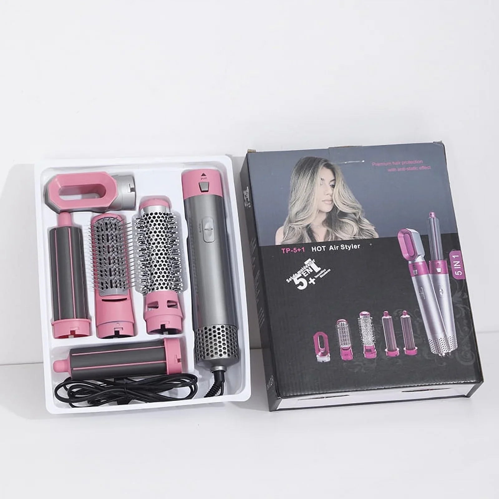 5-in-1 Electric Hair Dryer Brush - Negative Ionic Hair Styler with Detachable Brush Heads - Blow Dryer Brush for Straightening and Automatic Curling Styling, Color: Pink