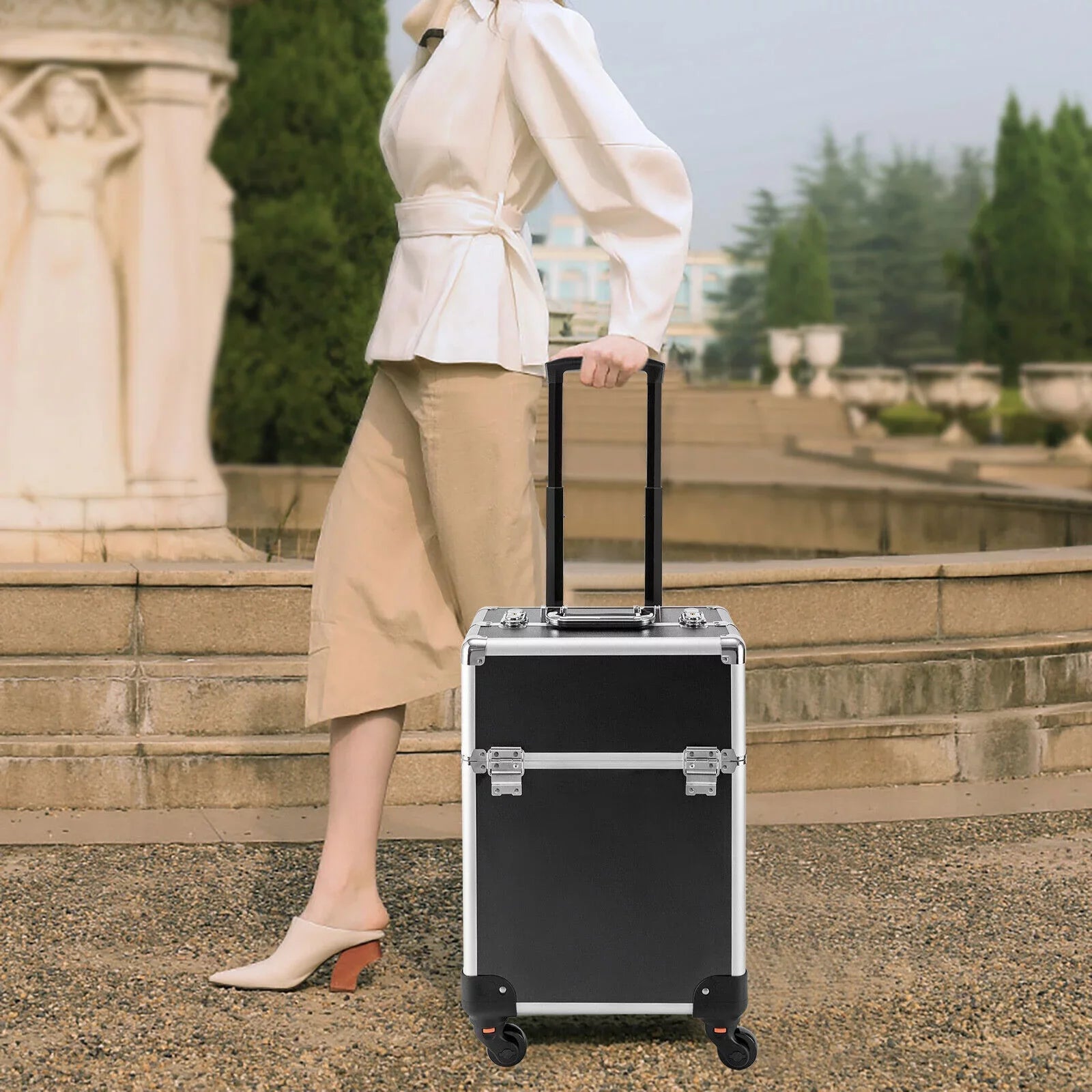 Rolling Lockable Makeup Train Case Hairdresser Trolley, Stylist Beauty Nail Salon Barber Case Cosmetic Luggage Travel Trunk Cart Organizer Tool Box with Swivel Wheels (Black)