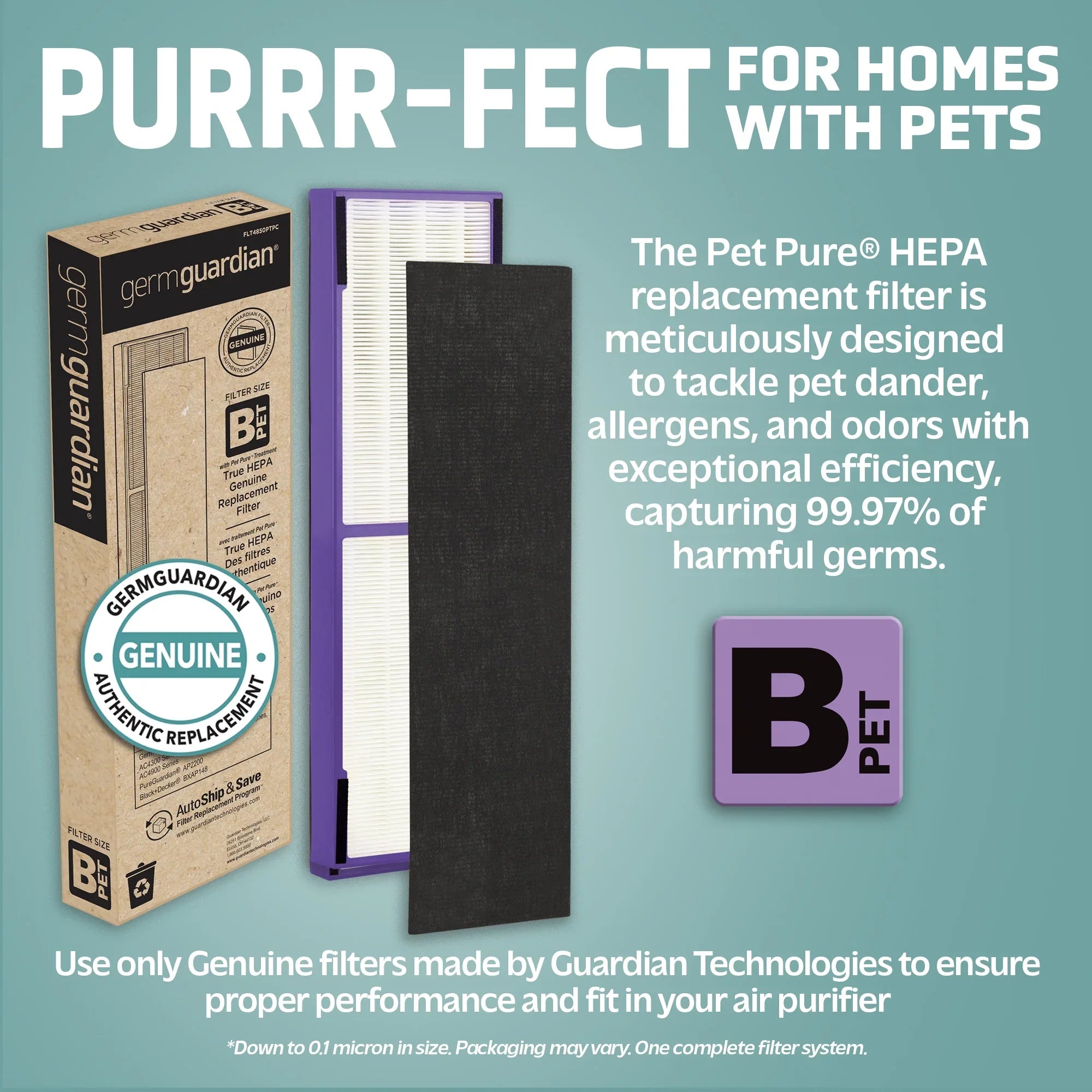 GermGuardian Air Purifier Replacement Filter B, FLT4850PT4PK, HEPA Pet Pure for AC4300, AC4800 and AC4900, 4-Pack, FLT4850PT4PK