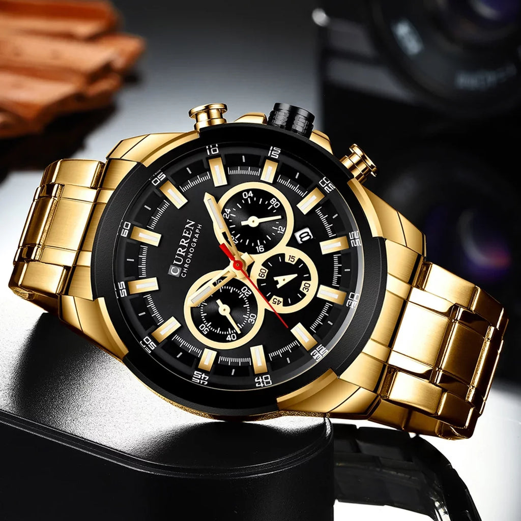 CURREN 8361 Quartz Man Wristwatch Watch for Male Men Watches with Calendar Indicator Date Waterproof Luminous Hands Three Sub-Dials Second Minute Microsecond Chronograph Stainless Steel Stra