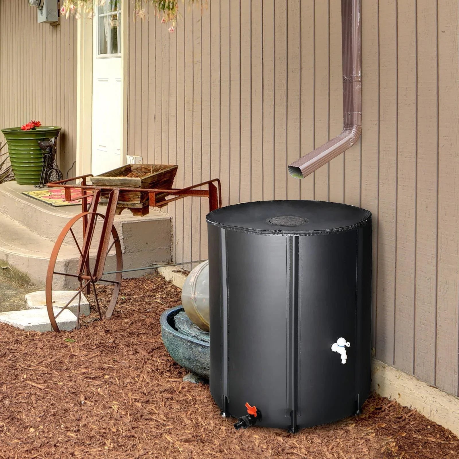 Portable Rain Barrel Water Collector Tank with Spigot Filter Black 50 Gallon