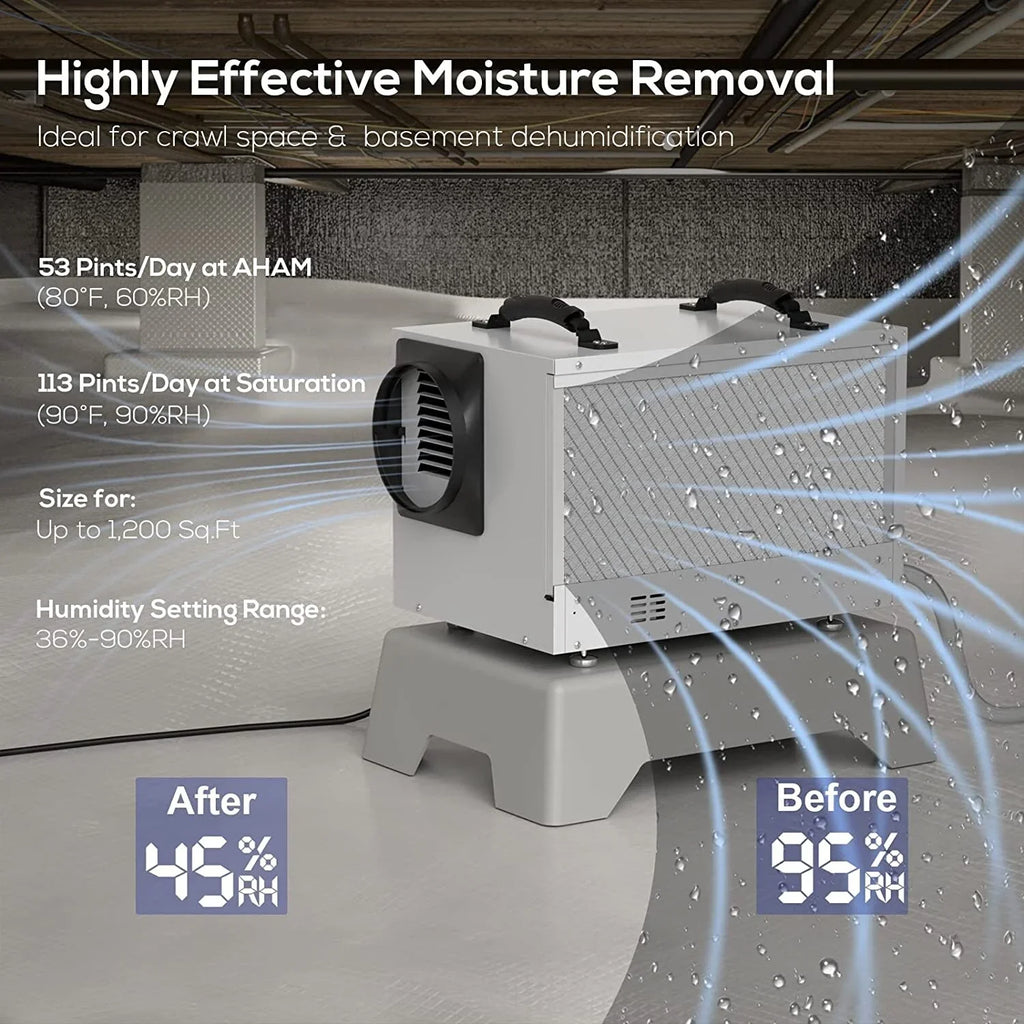 Refine Air Treatment BaseAire 113 Pint Commercial Dehumidifier with Drain Hose for Crawl Spaces, Basements, Auto Defrost, Memory Starting