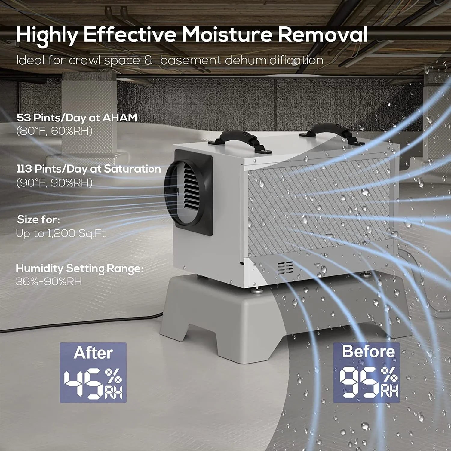 Refine Air Treatment BaseAire 113 Pint Commercial Dehumidifier with Drain Hose for Crawl Spaces, Basements, Auto Defrost, Memory Starting