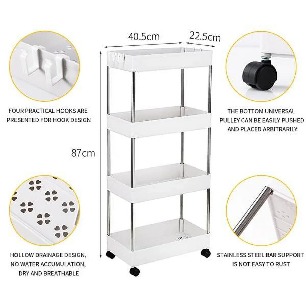 SYTHERS 4-Tier Rolling Storage Cart with 4 hooks, Utility Cart with Wheels, for Kitchen, Bathroom, Laundry Room, Plastic and Stainless Steel, White