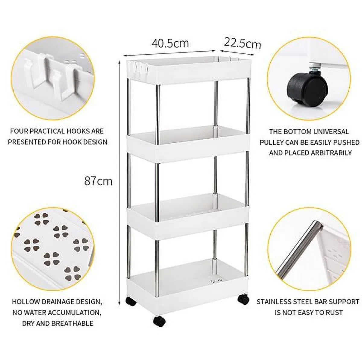 SYTHERS 4-Tier Rolling Storage Cart with 4 hooks, Utility Cart with Wheels, for Kitchen, Bathroom, Laundry Room, Plastic and Stainless Steel, White