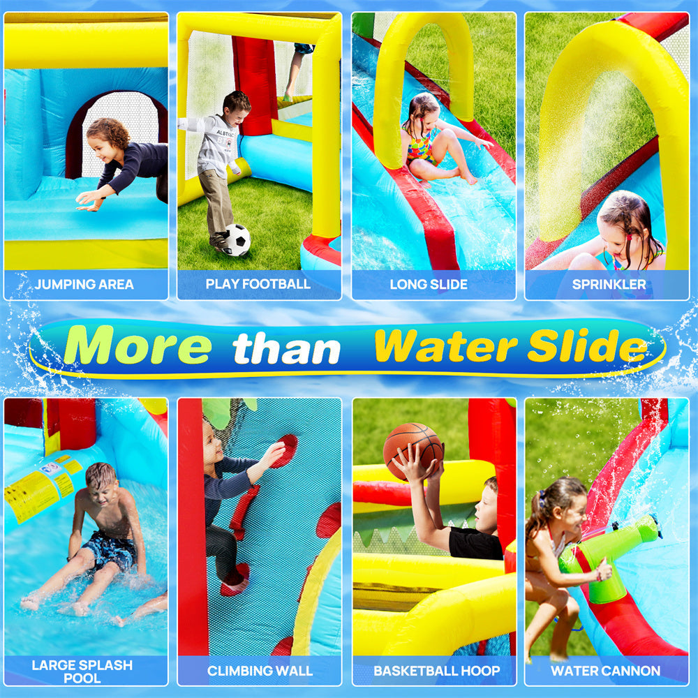 InfLatitudeable Water Slide,7 in 1 Bounce House with Slide,Climbing Wall, Splash Pool, Basketball Rim,Outdoor Backyard Fun Toys for Kid,Blower Included