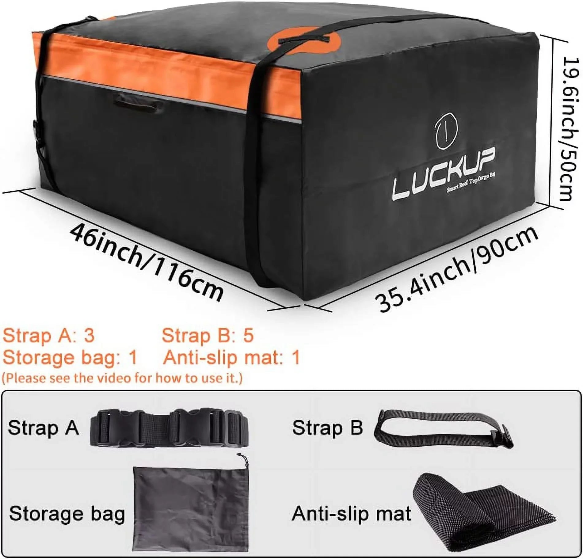 LUCKUP Roof Rack Car Cargo Carrier Bag,18.5 Cubic Ft Rooftop Box, Waterproof &Durable with Anti-Slip Mat, Heavy Duty Wide Straps and Buckles, Compatible for All Car Models (Black & Orange)