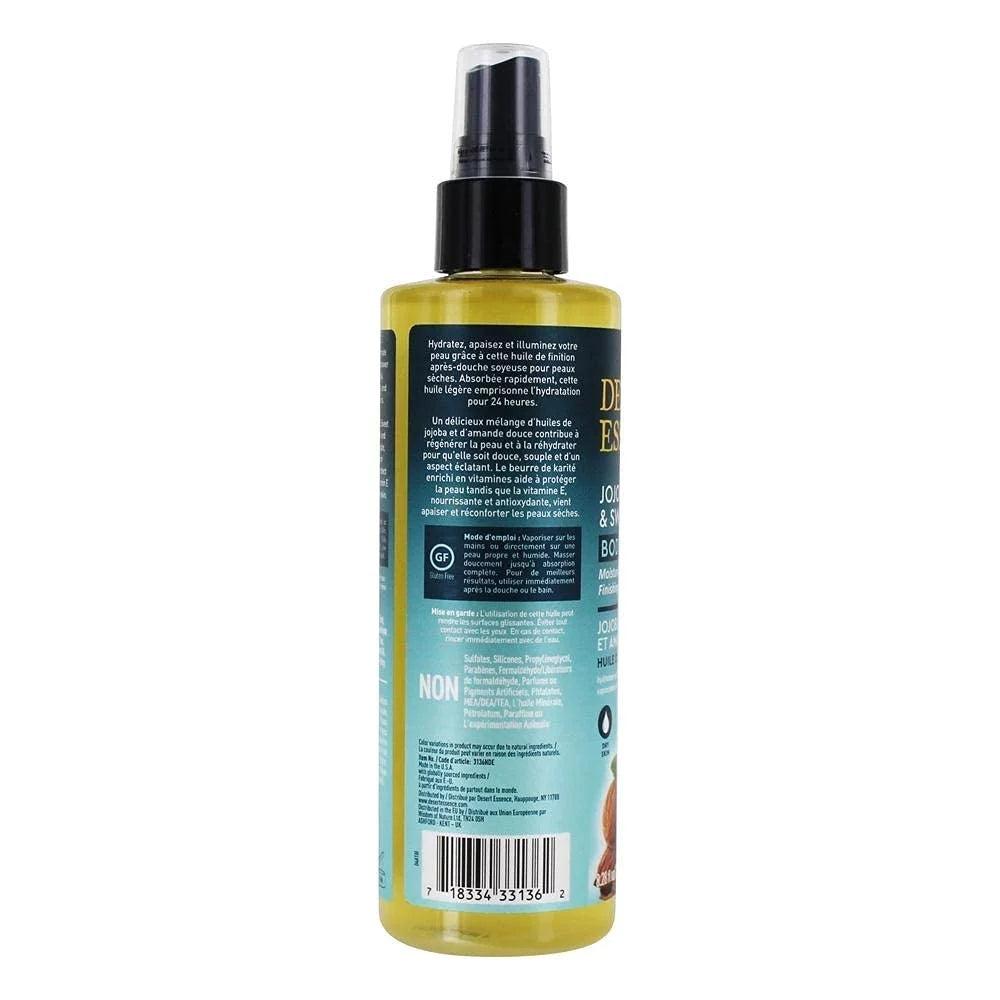 Desert Essence, Jojoba & Sweet Almond Body Oil Spray, 8.28 Fl. Oz. - Gluten-Free, Vegan, Cruelty Free - 24Hour Moisture, Soothes Skin, Perfect For Sensitive Skin, Illuminating Body Spray