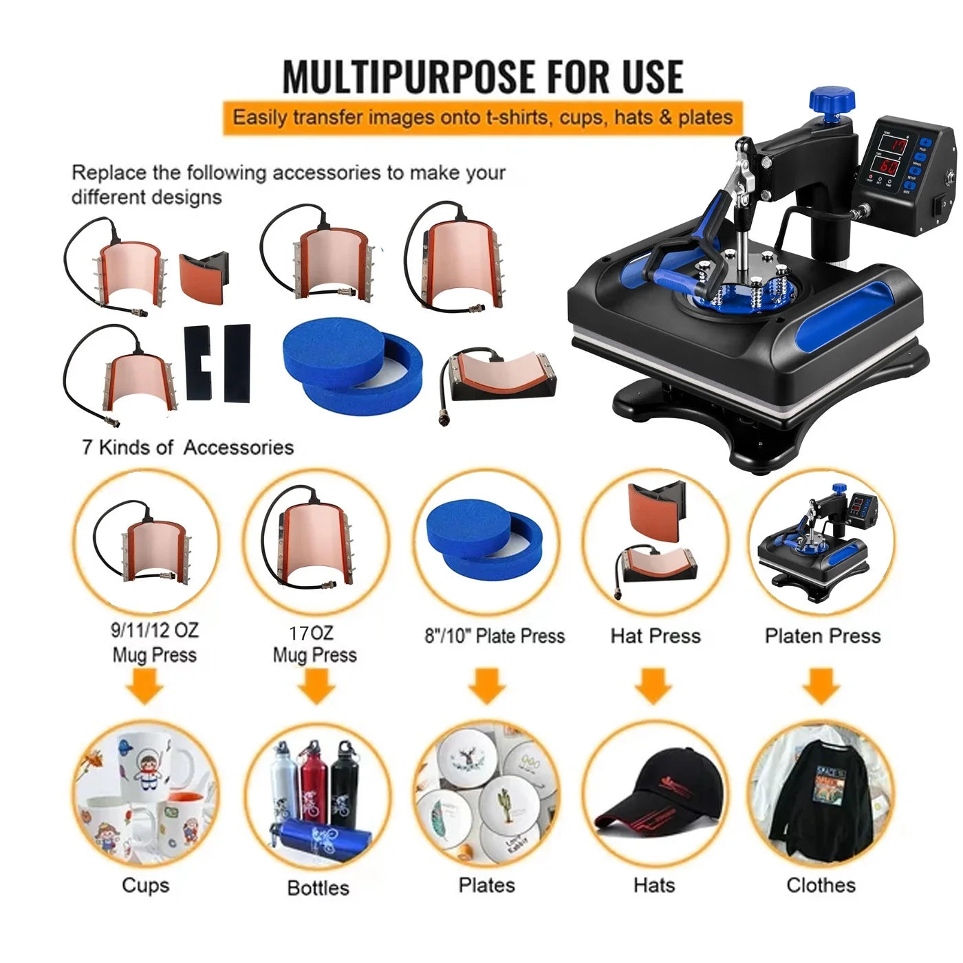 Blue Heat Press Machine 8 in 1, 12 x 15 Inches Sublimation Transfer Printer, Digital Precise LCD Control Printing, 360 Swing Away Vinyl Transfer Printer for T-Shirts, Canvas Bag, Pillow, Banner