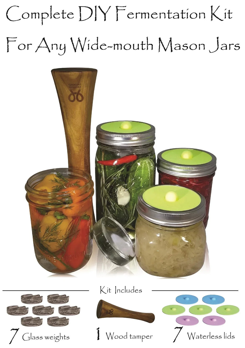 Canning kit. Complete DIY fermentation kit for wide mouth mason jars or pickling jars for 7 sets for making pickles, sauerkraut, kimchi, etc  Glass weights, tamper, airlock lids, and recipe included.
