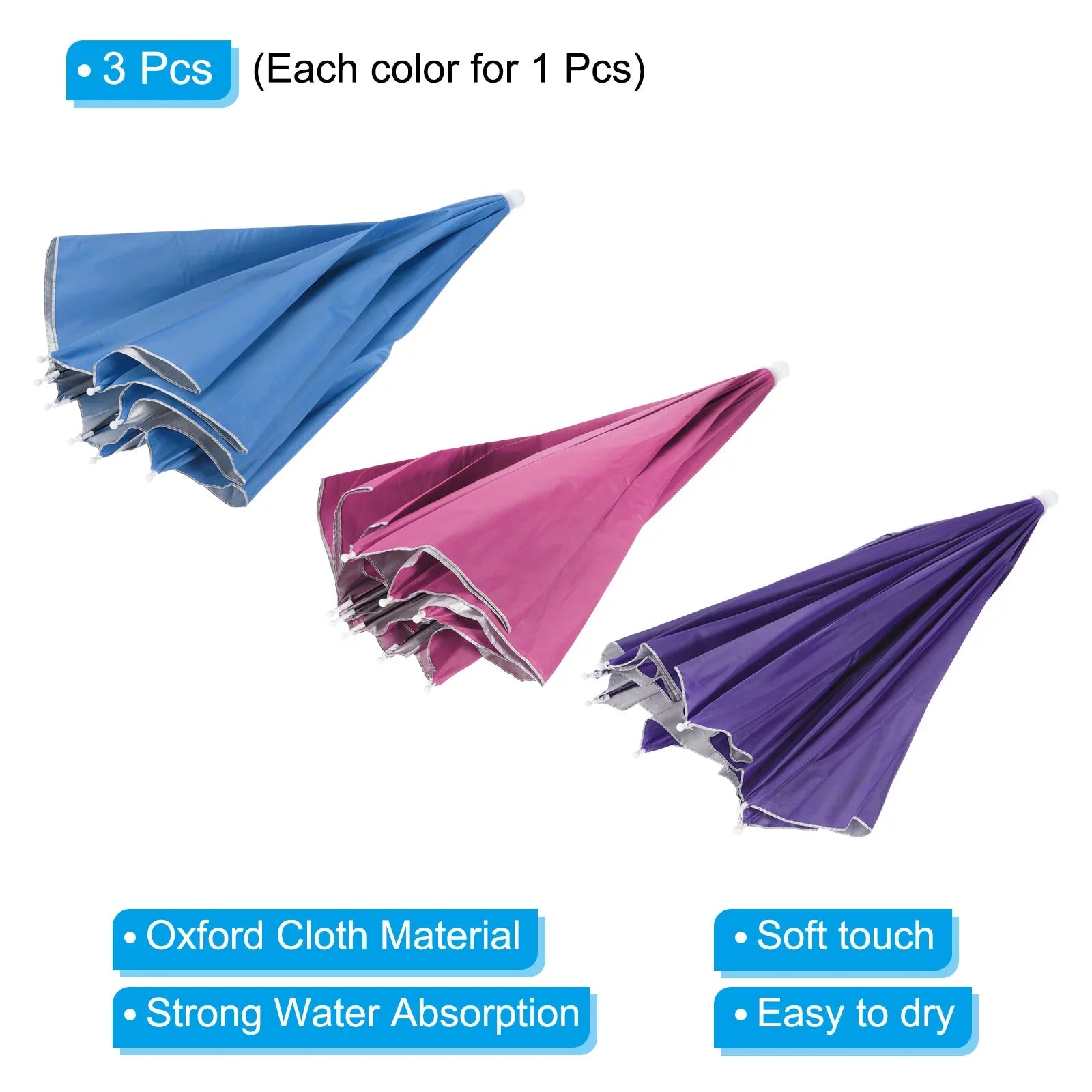 Uxcell OD 27.2" Umbrella Hat Set, 3Pcs Oxford Fabric Folding Single Layer Sun Rain Cap with Head Strip, Purple Blue Red