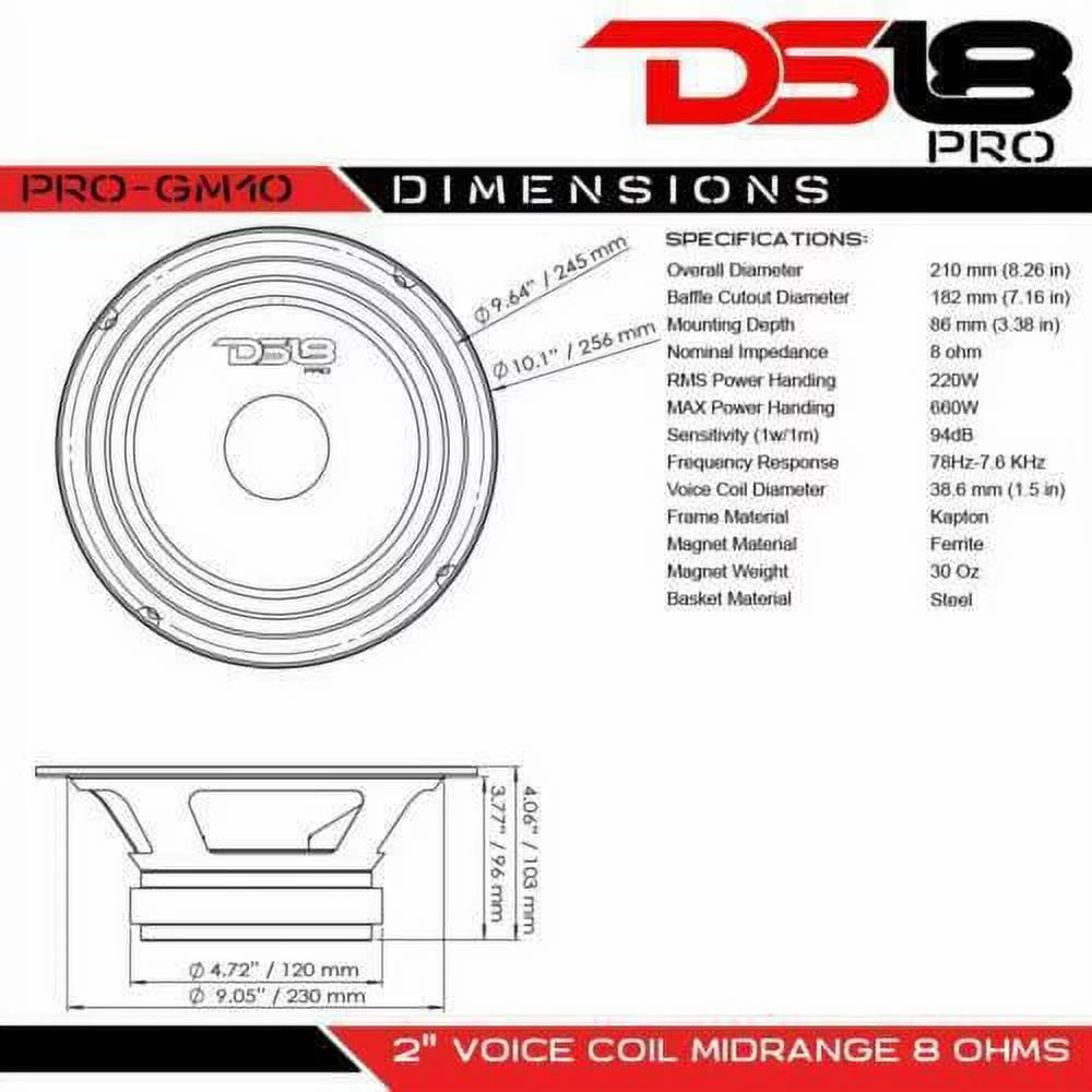 DS18 Pro GM 10 Inch 660 watt Max 8 Ohm Mid Range Car and Truck Door Loudspeaker