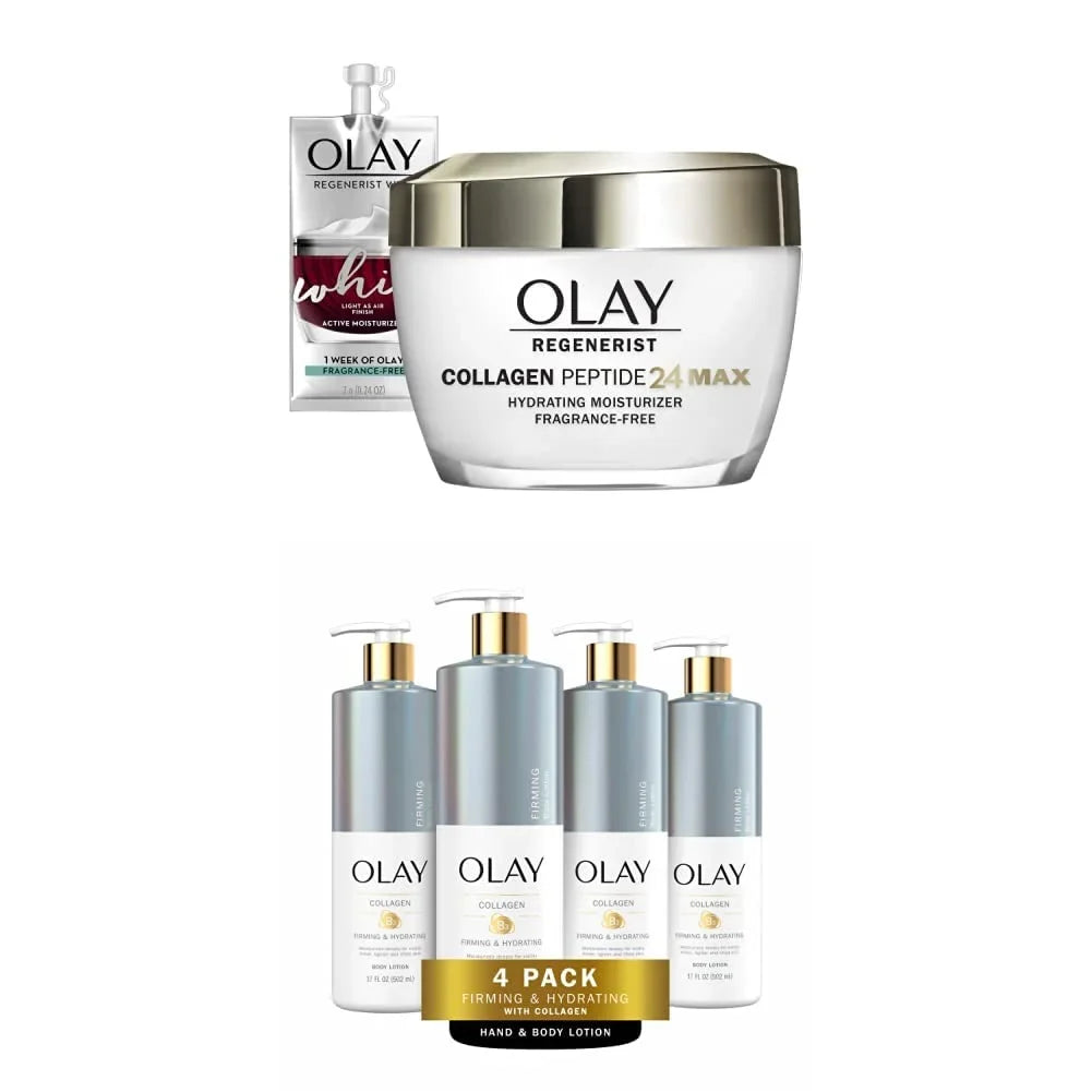 Olay Regenerist Collagen Peptide 24 Max Hydrating Face Moisturizer (1.7 Oz) With Travel Size Whip Face Moisturizer And Firming & Hydrating Body Lotion With Collagen, 17 Oz (Pack Of 4)