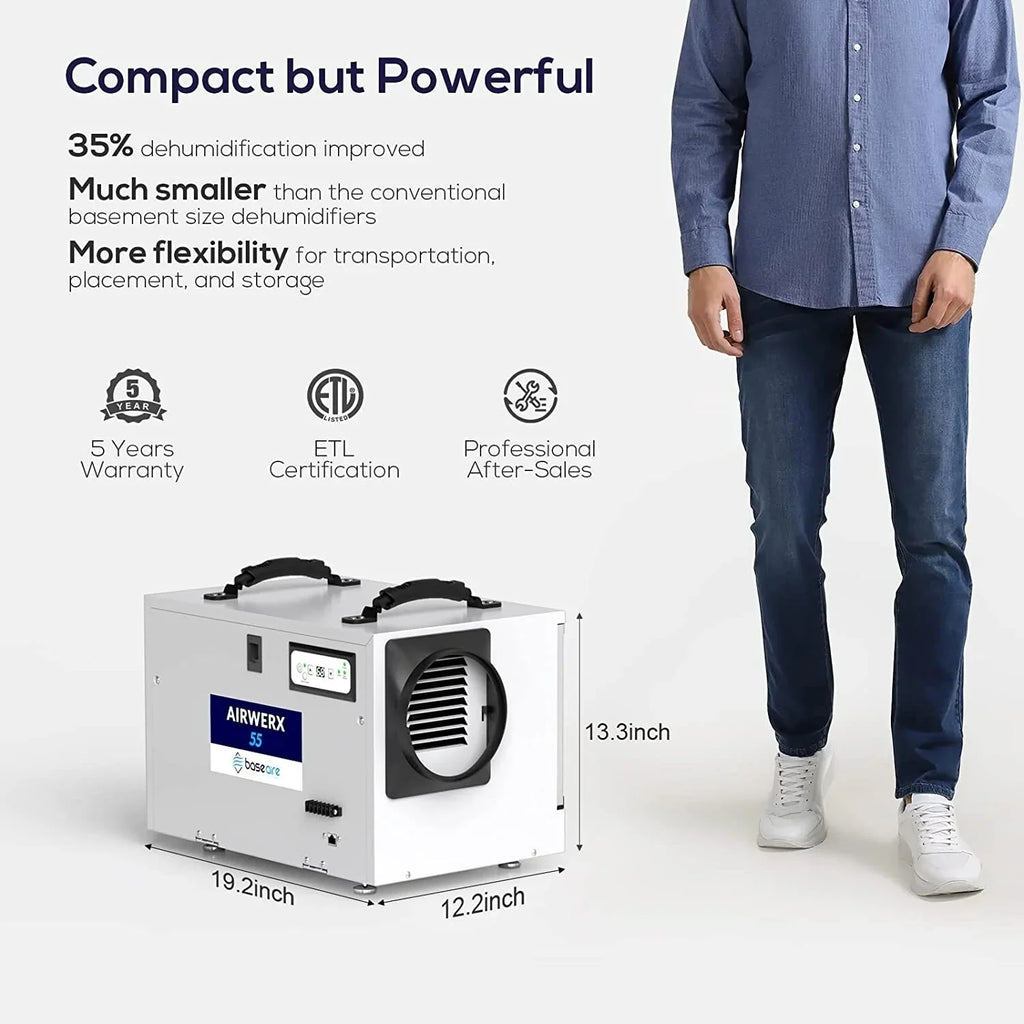 Refine Air Treatment BaseAire 113 Pint Commercial Dehumidifier with Drain Hose for Crawl Spaces, Basements, Auto Defrost, Memory Starting