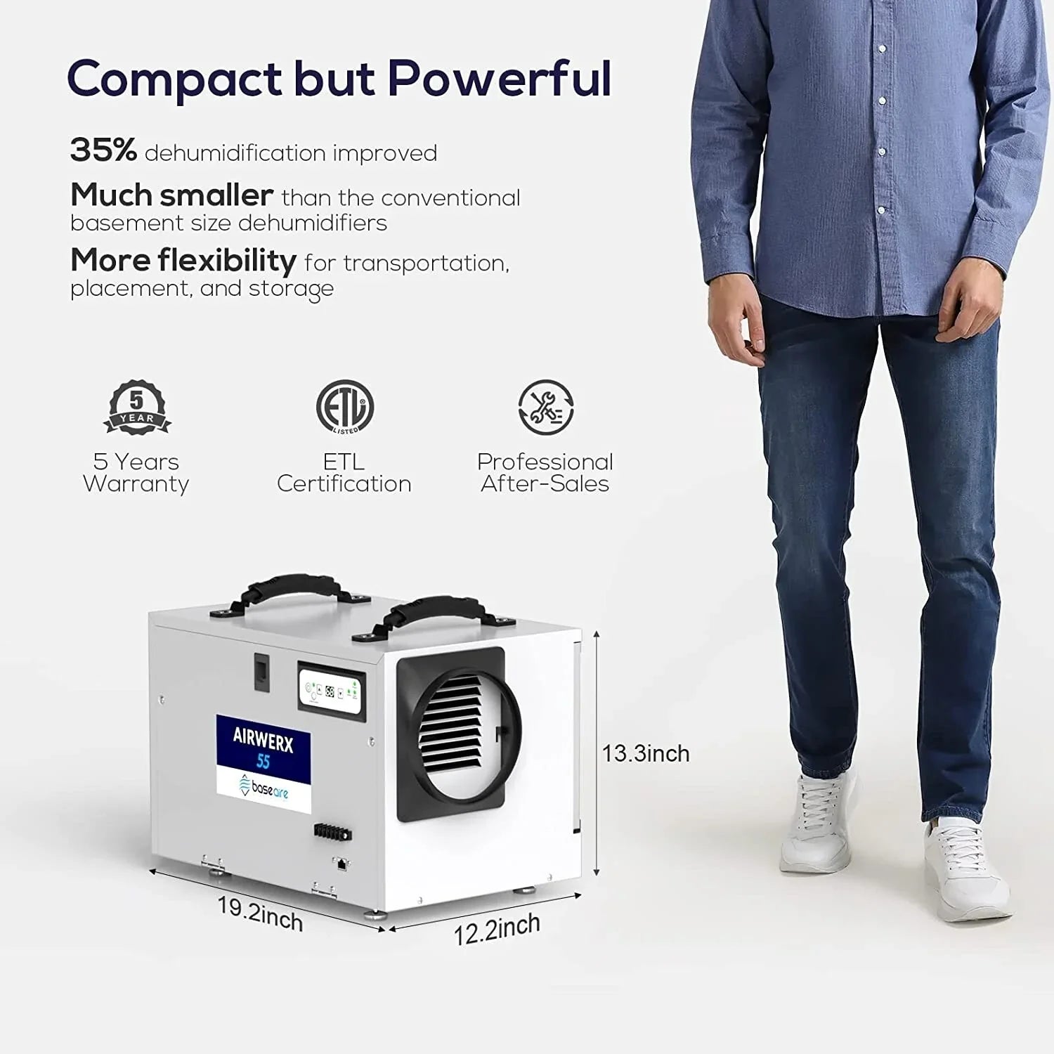 Refine Air Treatment BaseAire 113 Pint Commercial Dehumidifier with Drain Hose for Crawl Spaces, Basements, Auto Defrost, Memory Starting